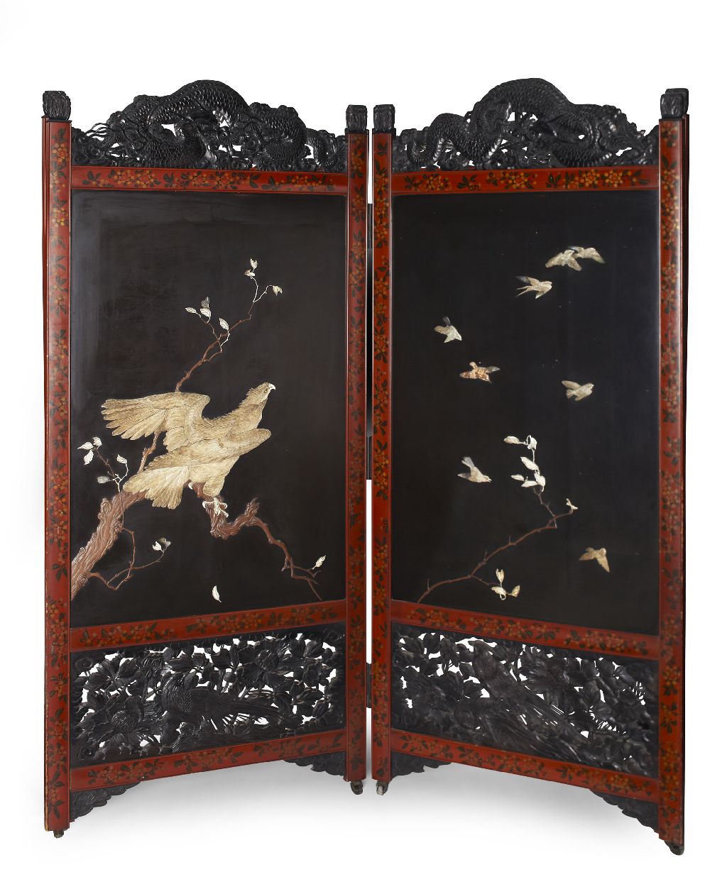 JAPANESE LACQUER AND INLAID TWO FOLD SCREEN