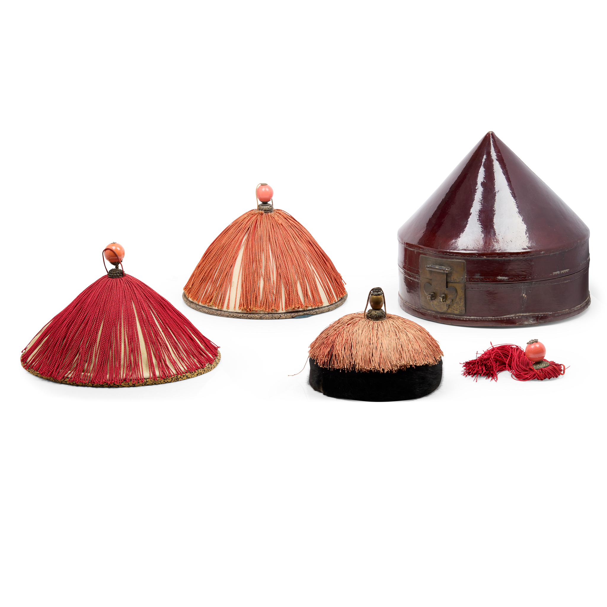 GROUP OF THREE CHINESE OFFICIAL'S COURT HATS WITH A LACQUER HAT BOX
