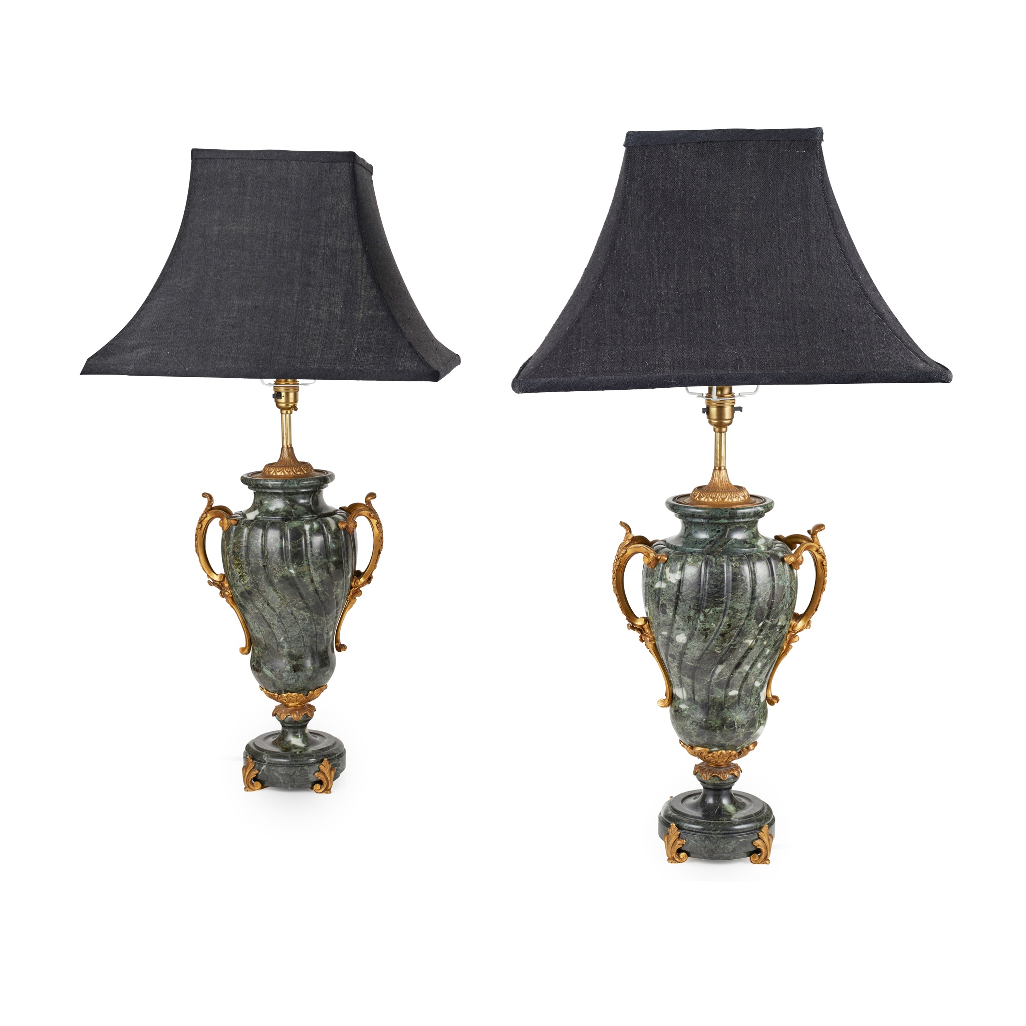 PAIR OF LOUIS XV STYLE GREEN MARBLE AND GILT METAL URNS