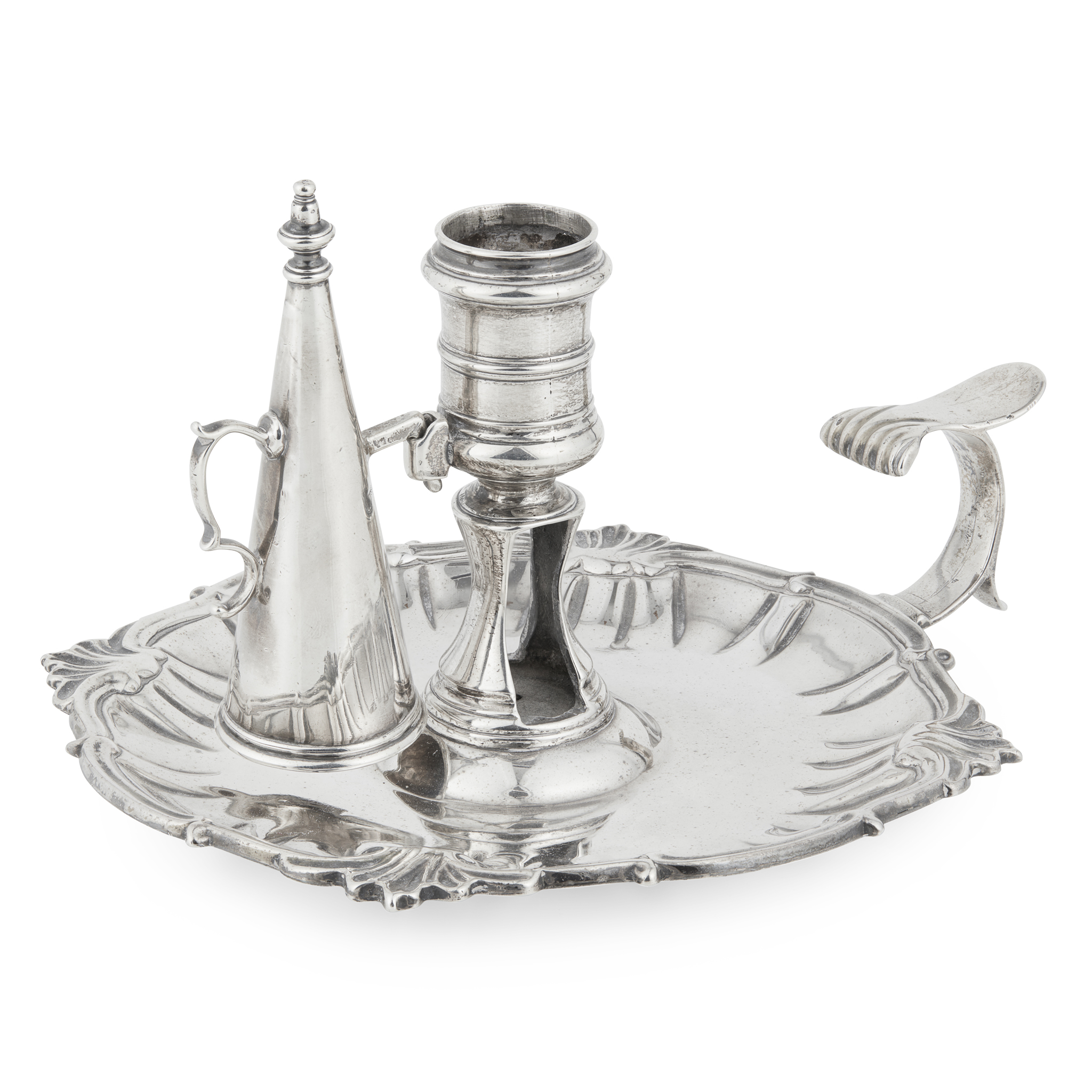 A GEORGE III CHAMBERSTICK AND EARLIER SNUFFER