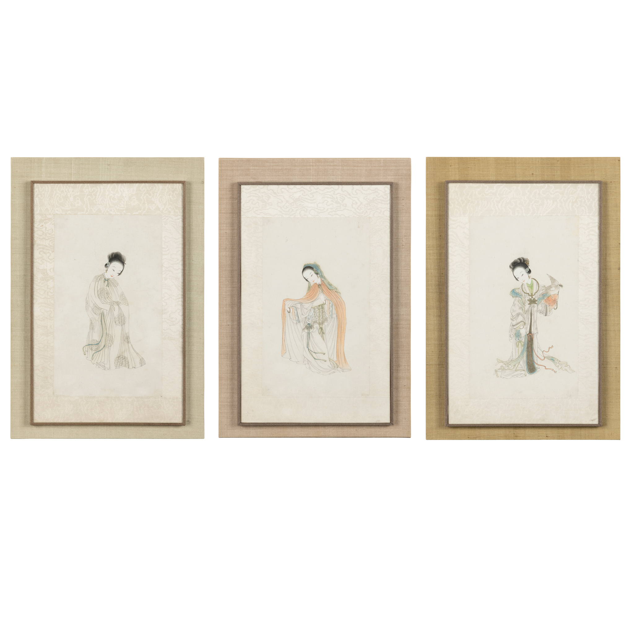 SET OF THREE CHINESE INK AND COLOUR 'THREE BEAUTIES' PAINTINGS