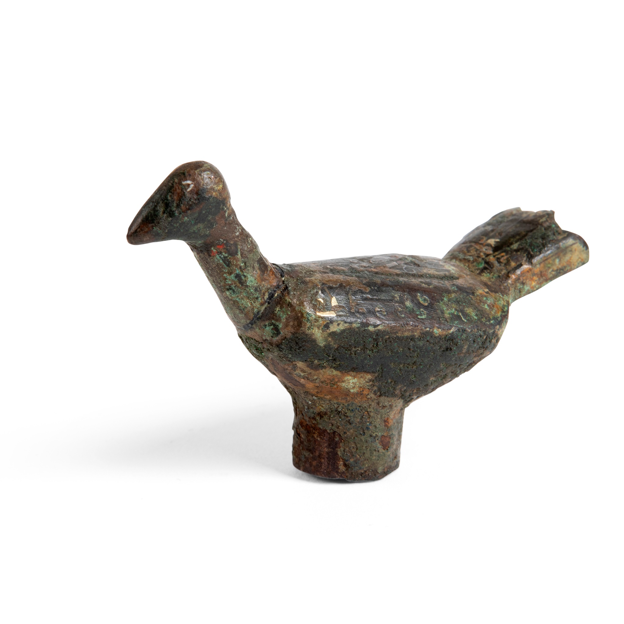 GOLD AND SILVER-INLAID 'PIGEON' BRONZE STAFF HEAD