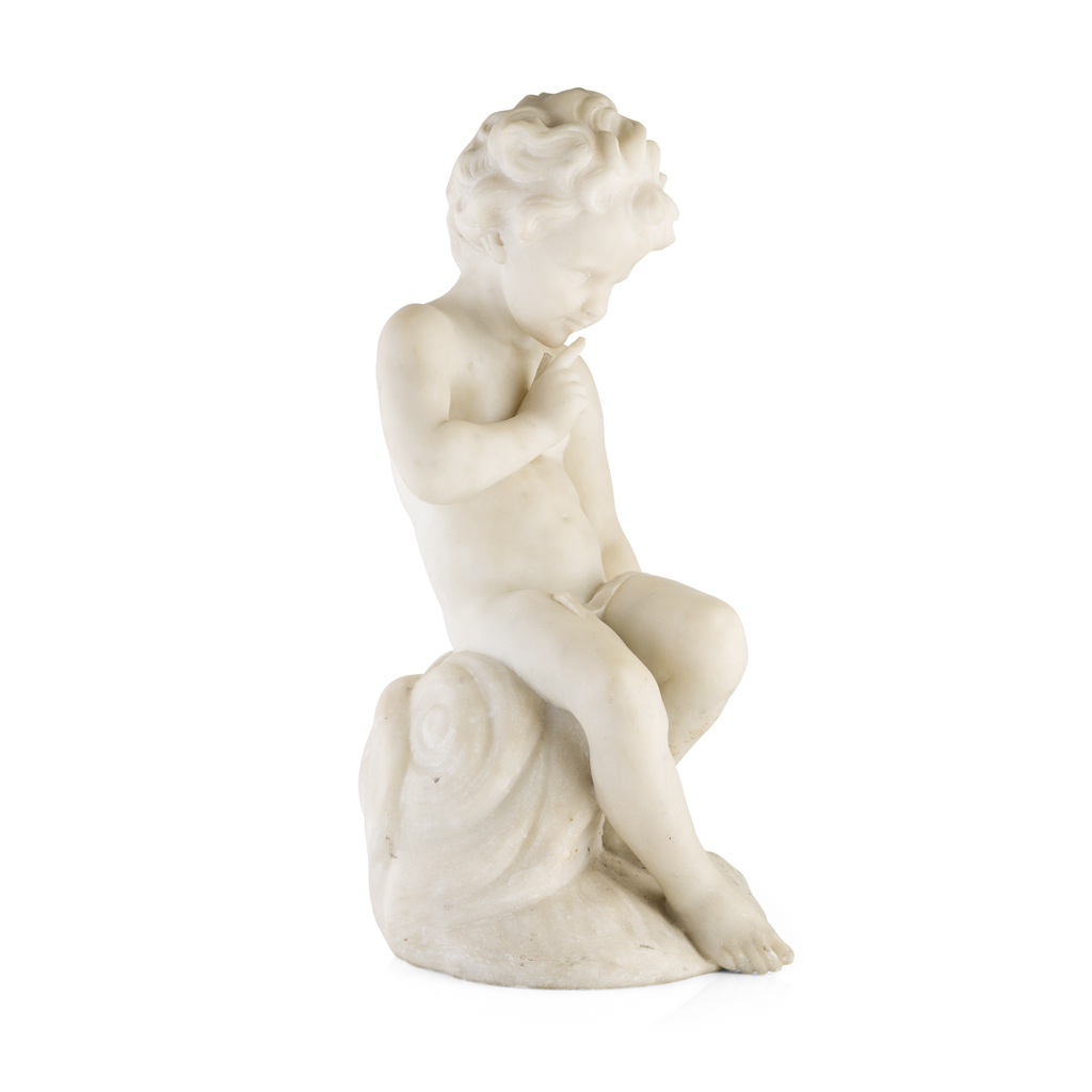 WHITE MARBLE FIGURE OF A PUTTO, AFTER FALCONET