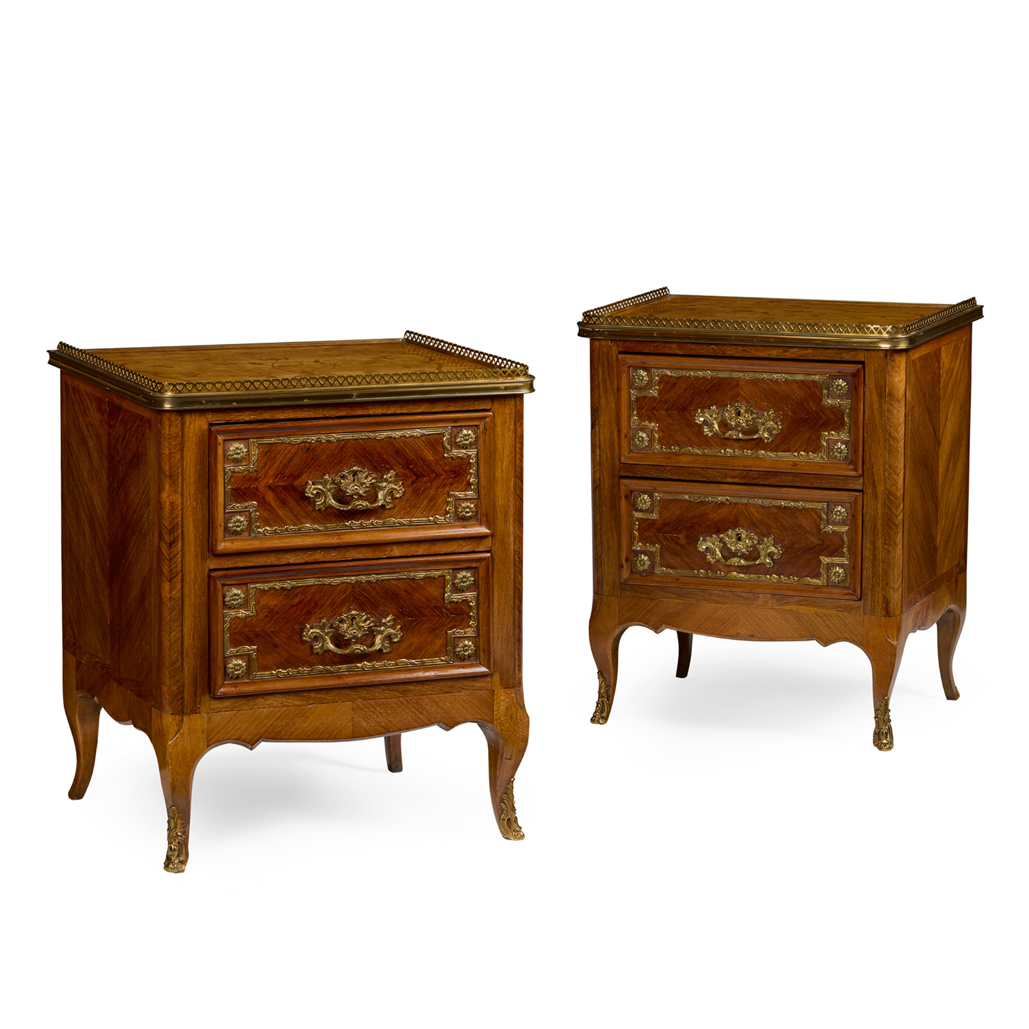 PAIR OF FRENCH WALNUT, BOIS SATINE, AND MARQUETRY GILT METAL MOUNTED BEDSIDE COMMODES