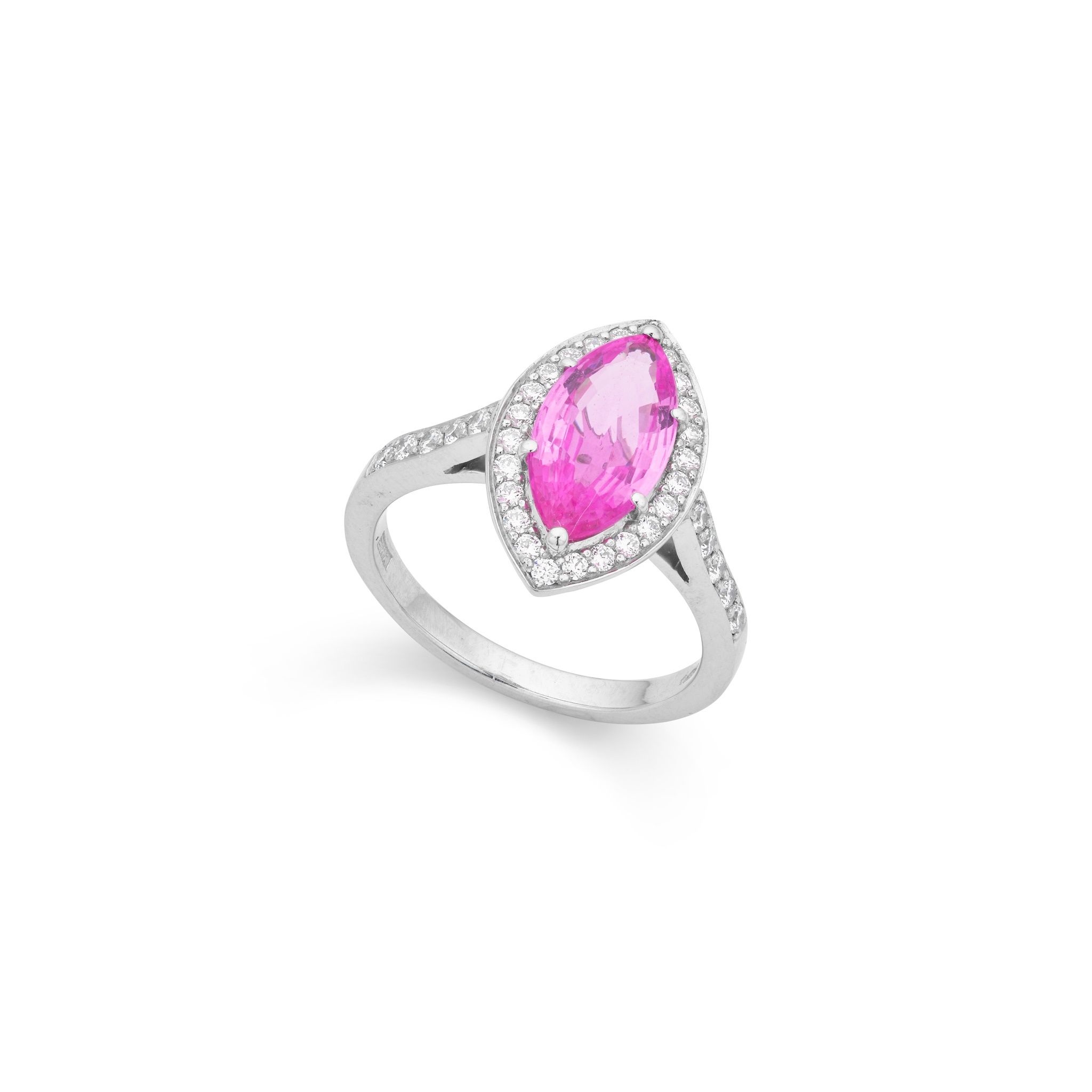 A platinum pink sapphire and diamond ring