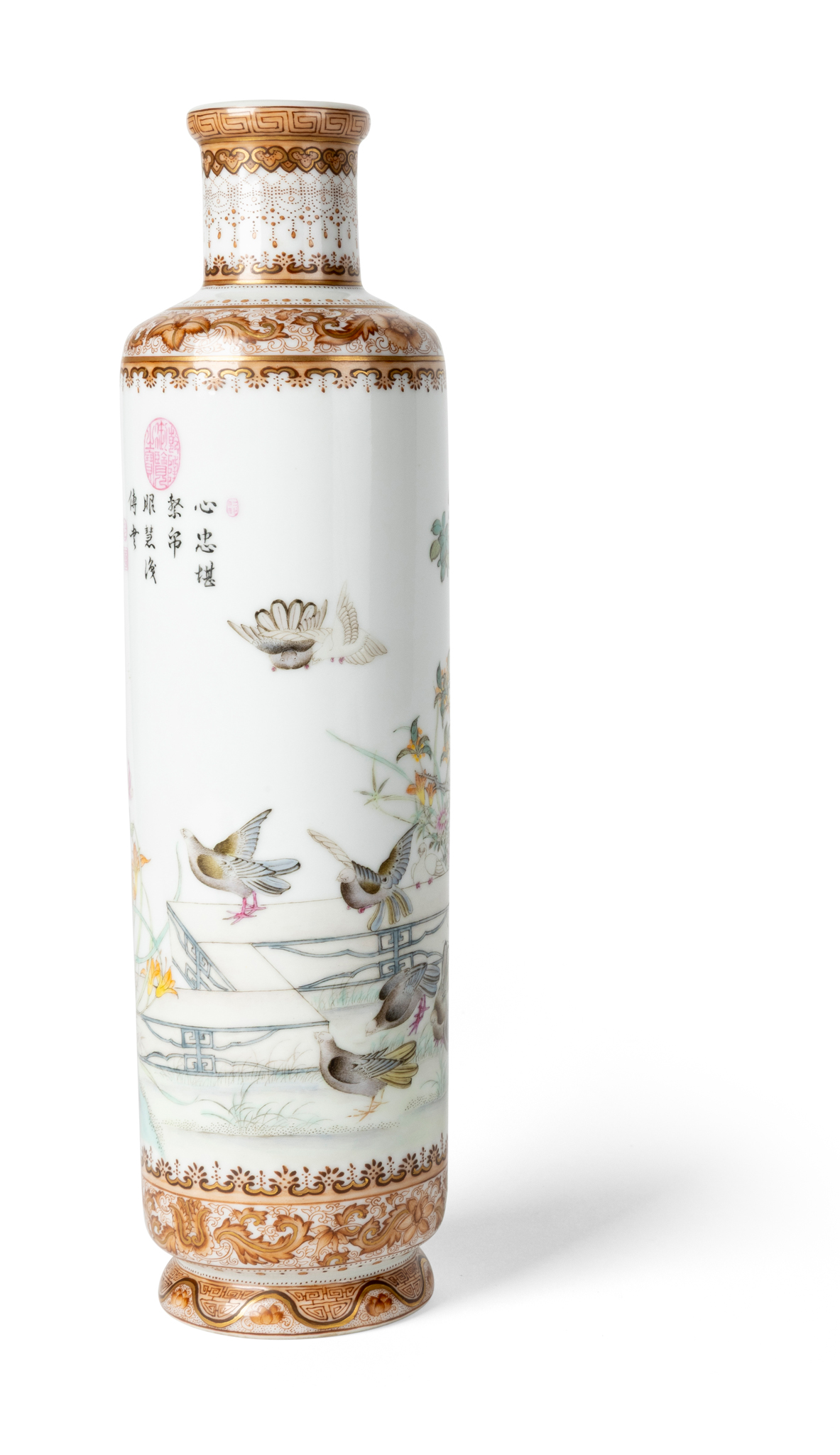 CHINESE FAMILLE ROSE ROULEAU VASE