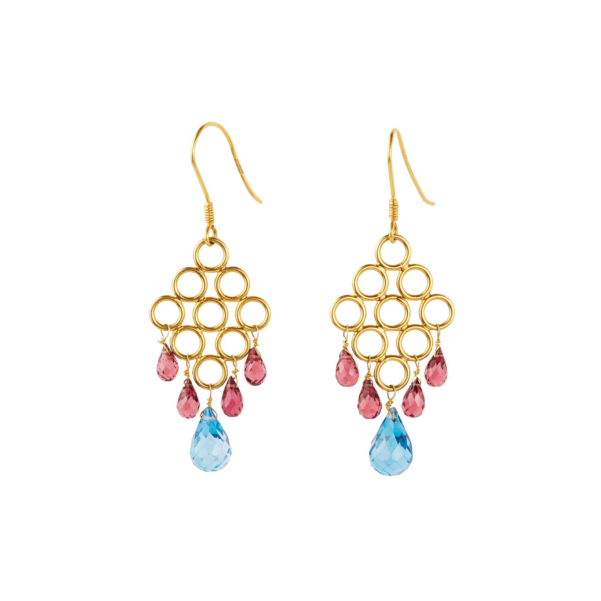 A pair of blue topaz and garnet earrings