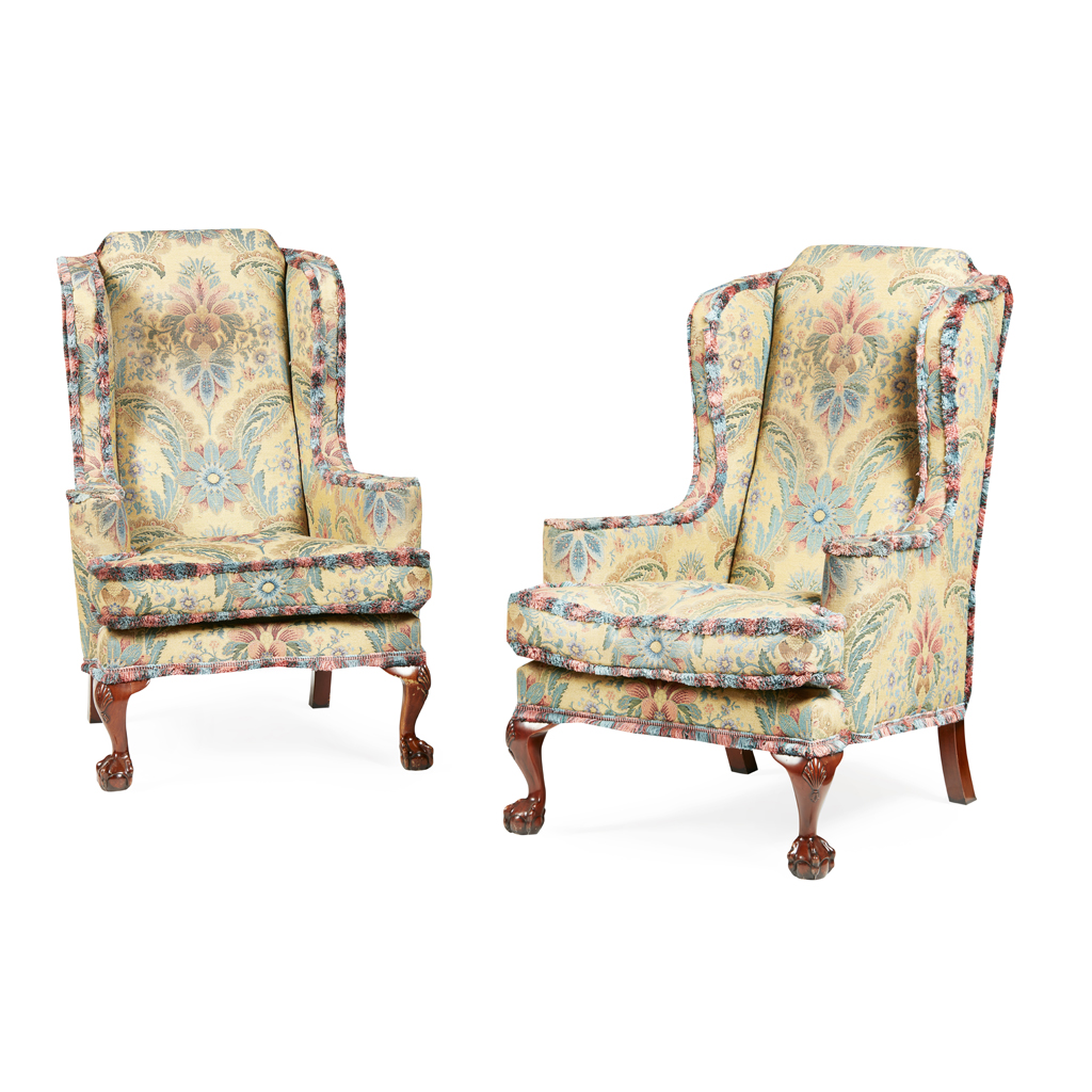 PAIR OF GEORGE I STYLE WING ARMCHAIRS BY LIBERTY & CO.