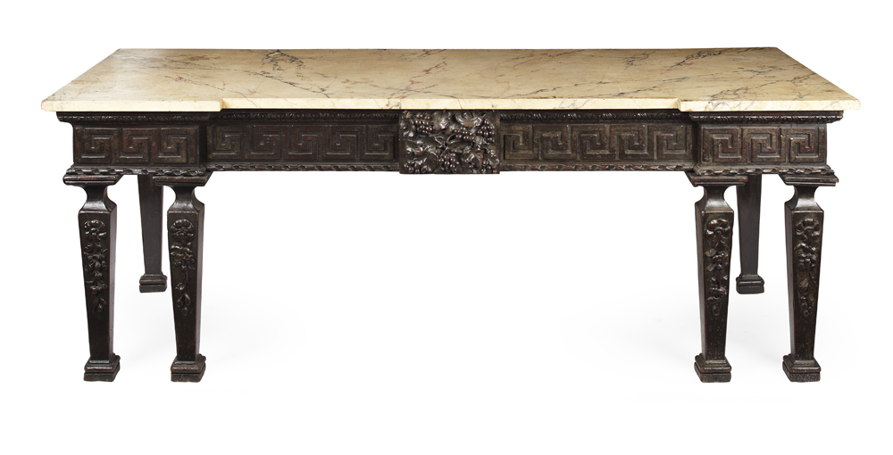 MAHOGANY INVERTED BREAKFRONT CONSOLE TABLE IN THE MANNER OF WILLIAM KENT