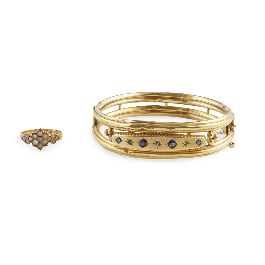 A 9ct gold sapphire and diamond set bangle