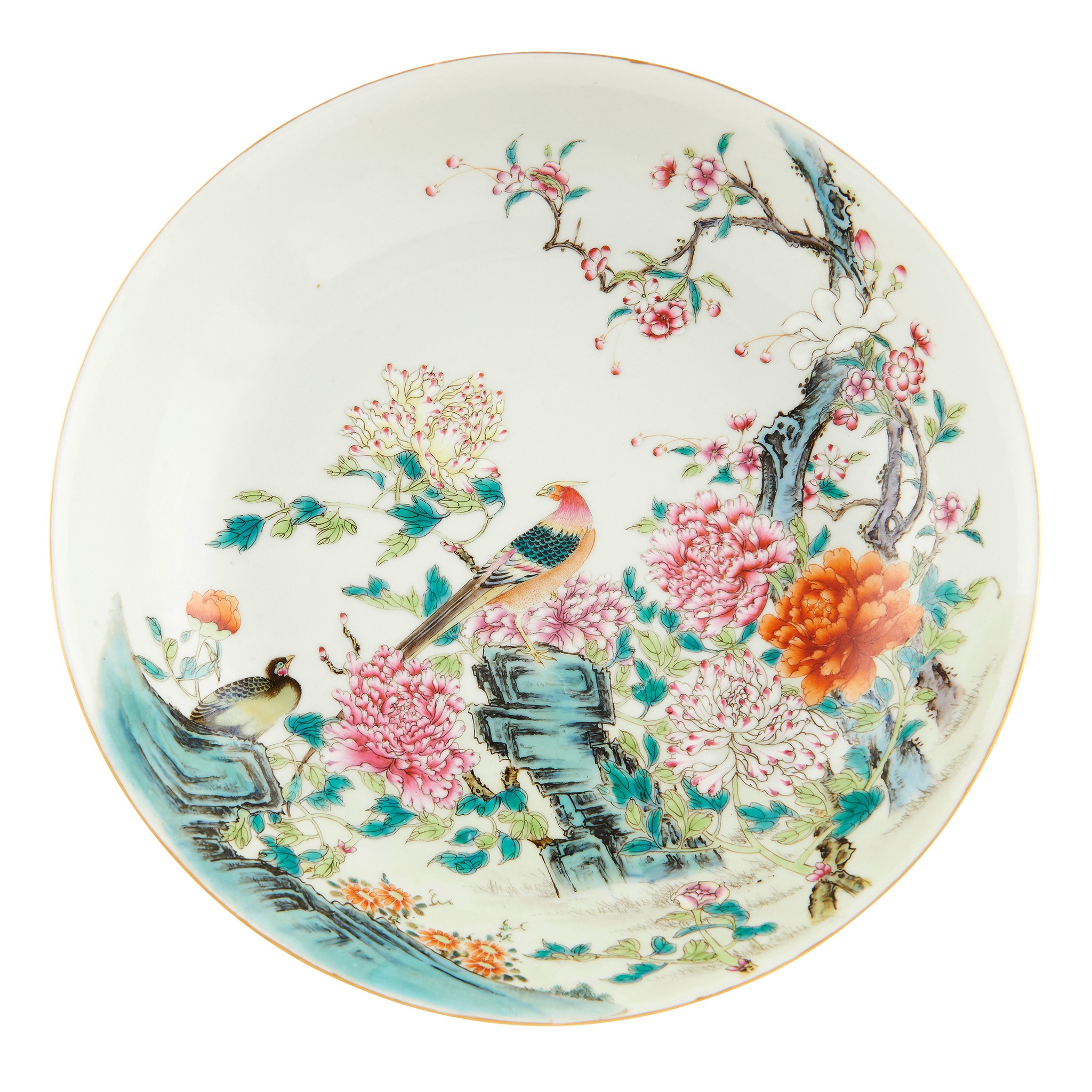 FAMILLE ROSE BIRD AND FLOWER DISH