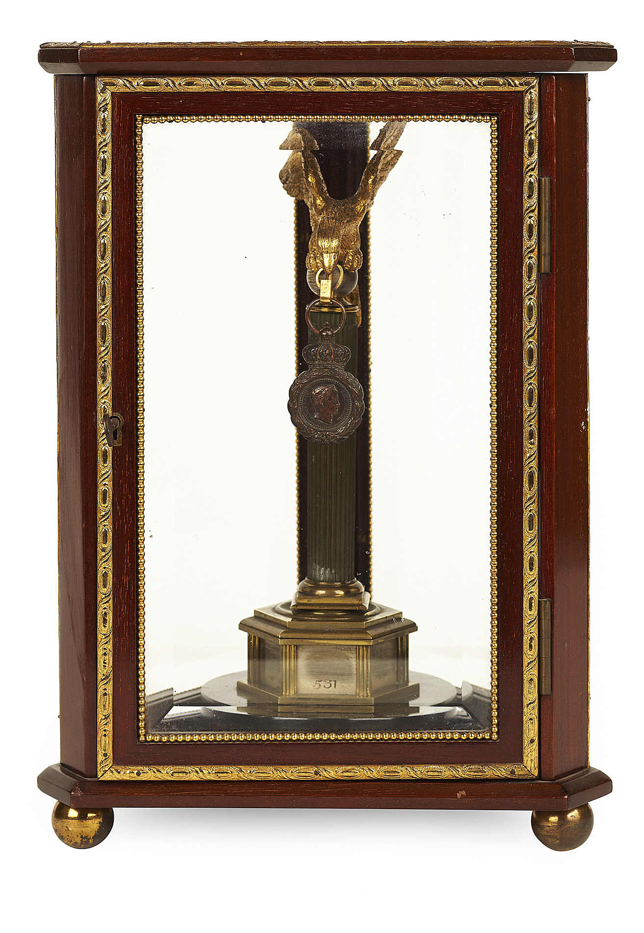 FRENCH GILT METAL MOUNTED MAHOGANY TRIFORM GLAZED CABINET