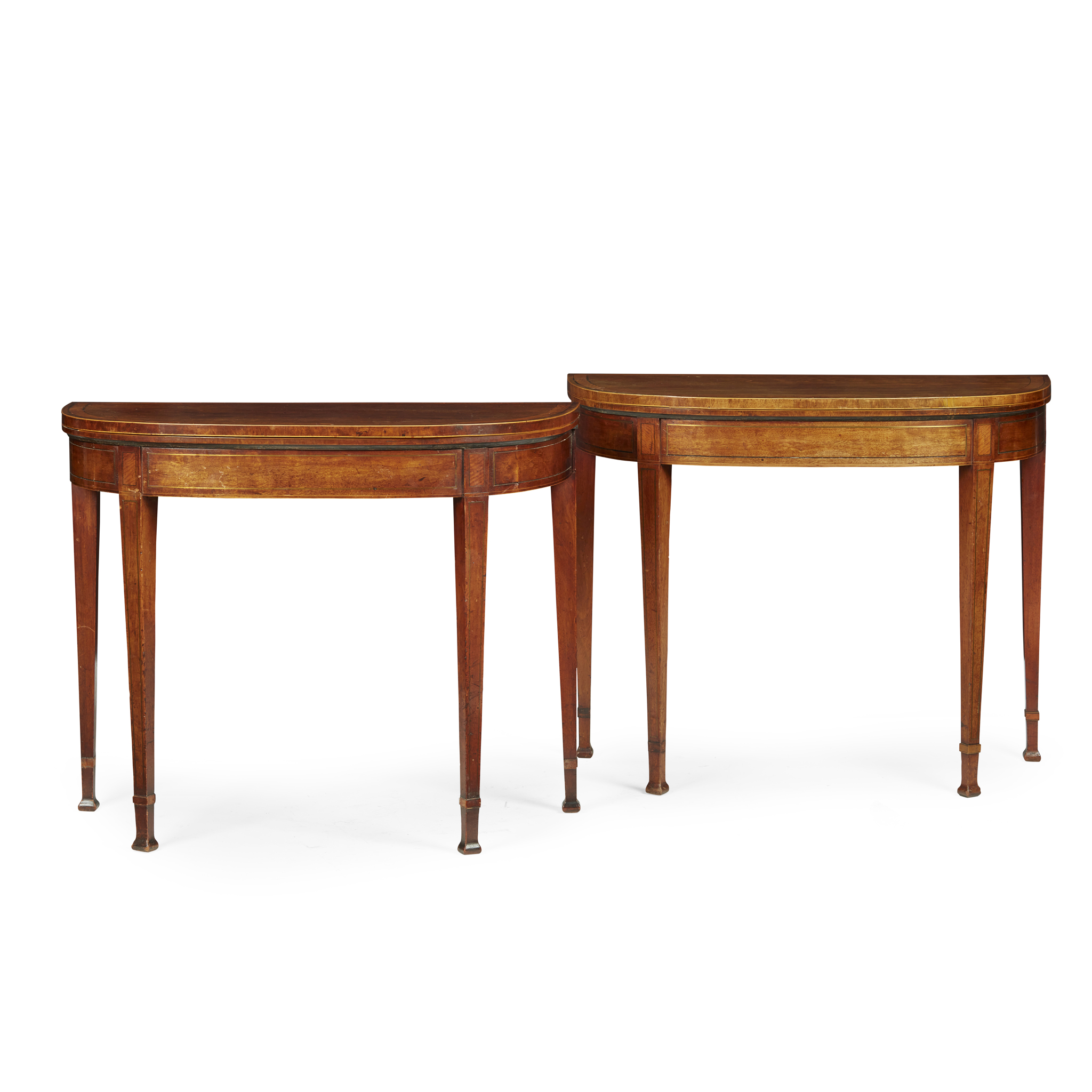 PAIR OF GEORGE III MAHOGANY, SATINWOOD AND BRASS INLAID CARD TABLES
