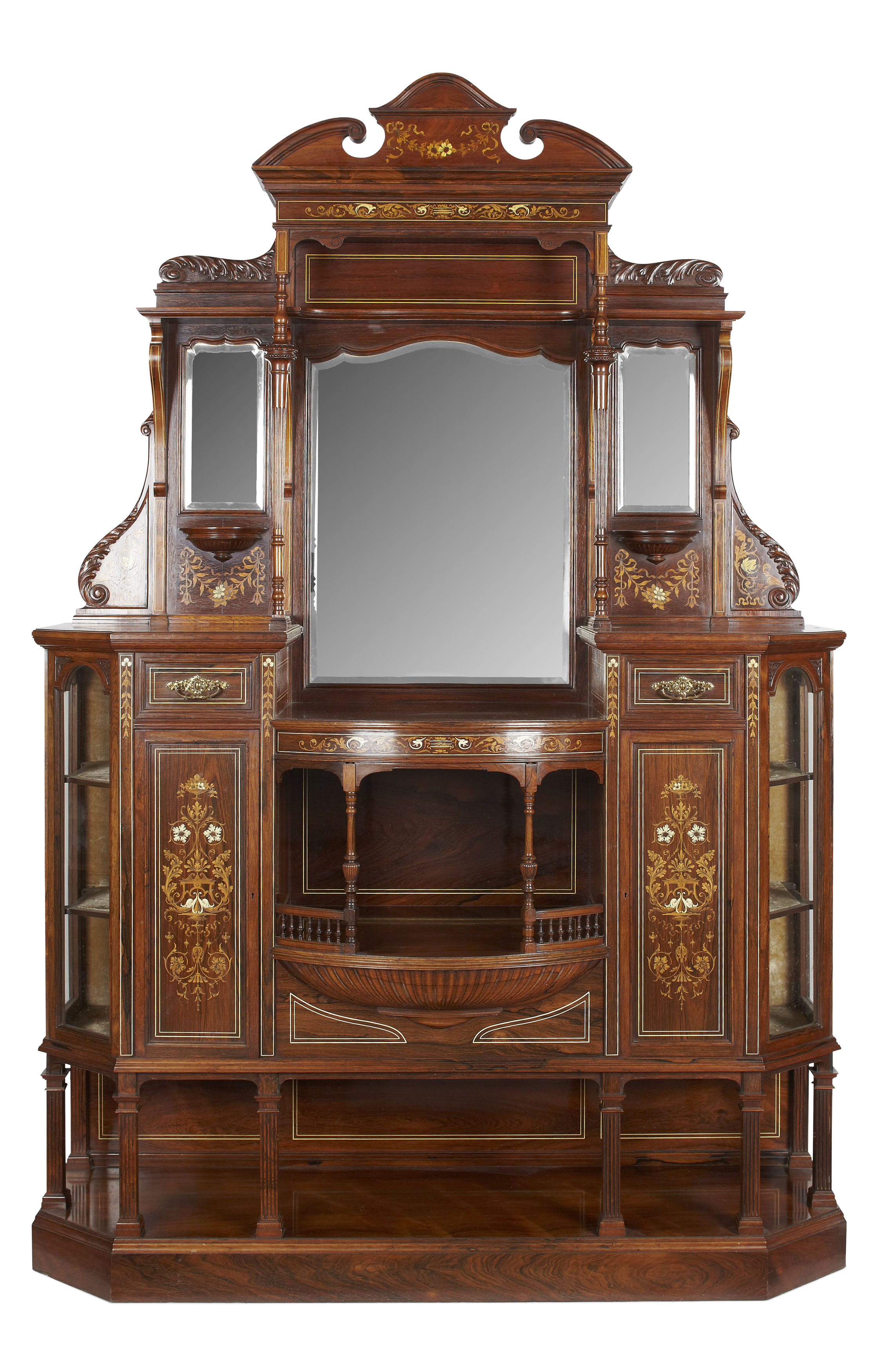 VICTORIAN ROSEWOOD, MARQUETRY, AND IVORY INLAY DISPLAY CABINET BY MARSH, JONES & CRIBB