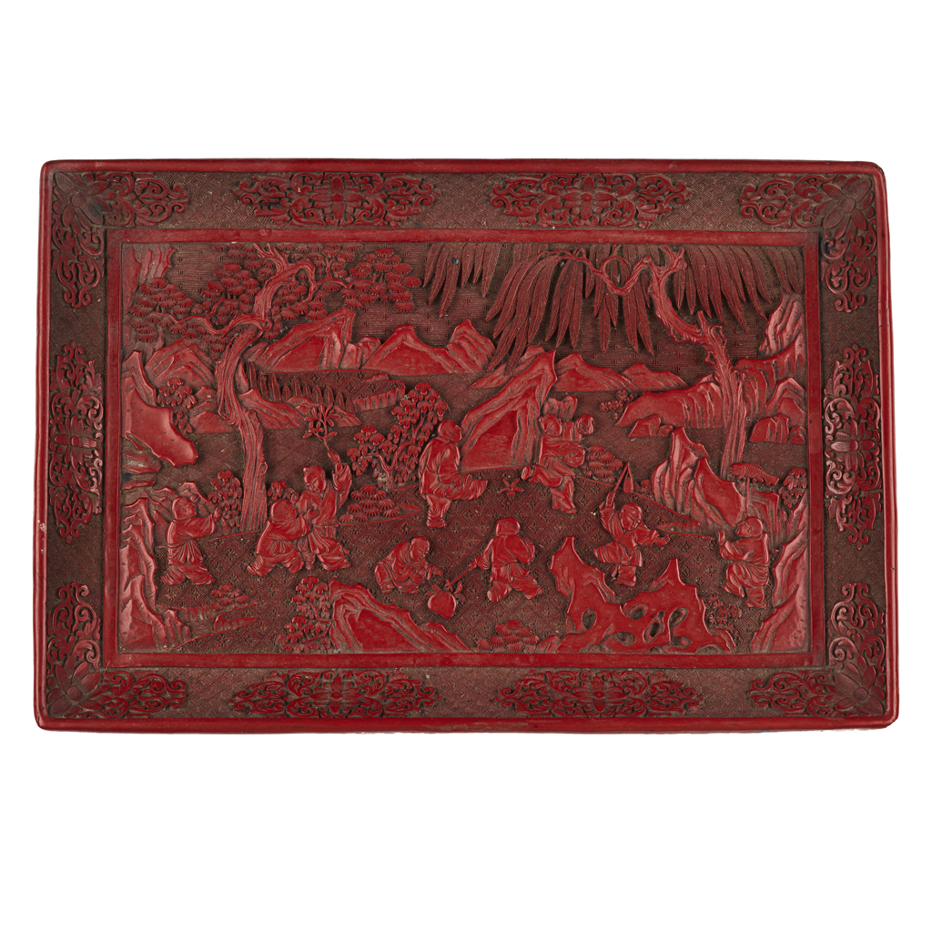 CARVED CINNABAR LACQUER 'BOYS AT PLAY' RECTANGULAR TRAY