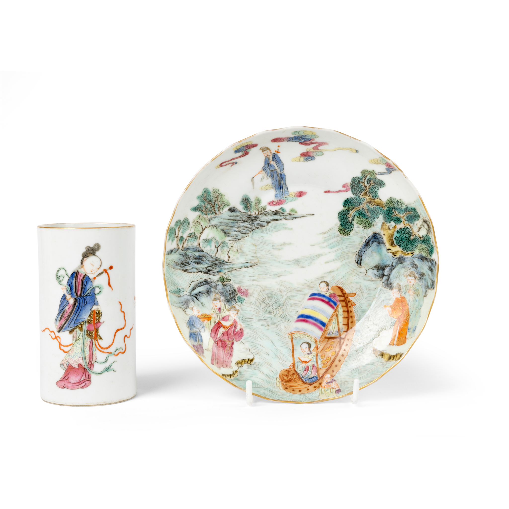 TWO CHINESE FAMILLE ROSE 'FIGURAL' WARES