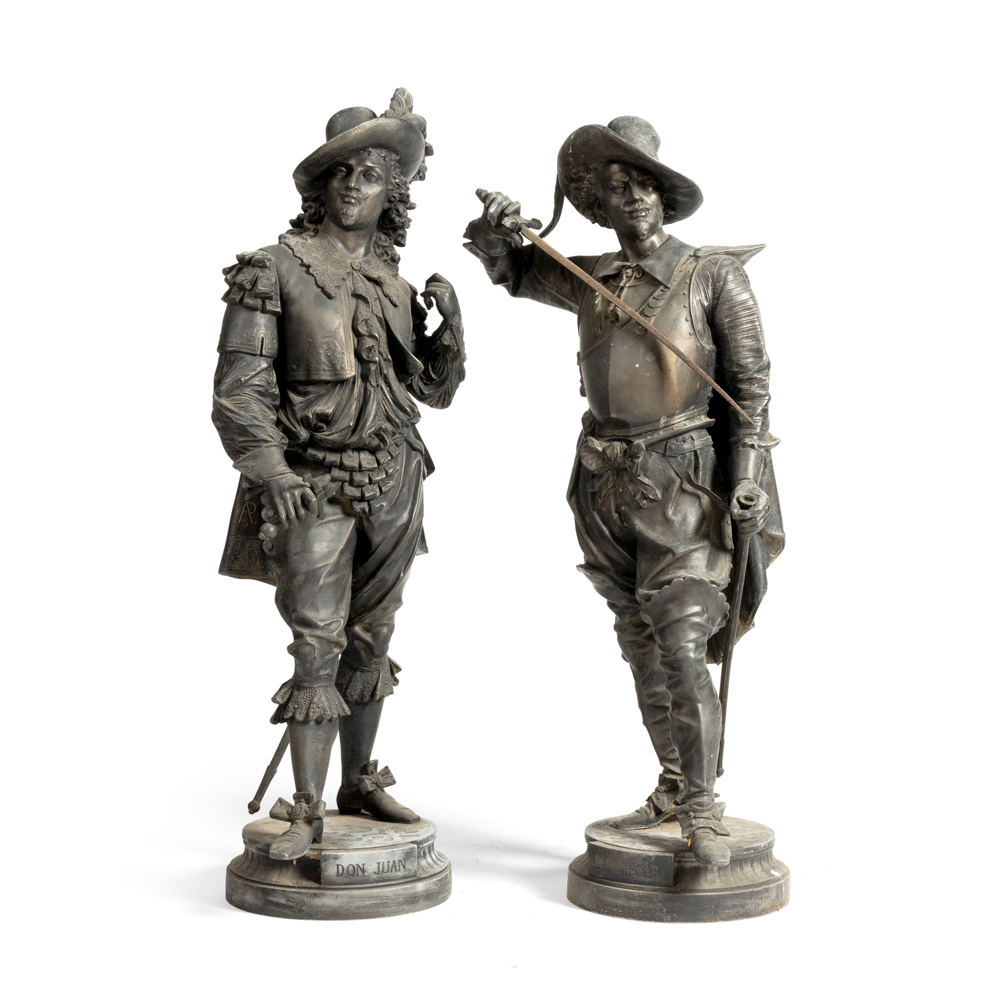 A PAIR OF SPELTER FIGURES OF DON JUAN AND DON CAESAR