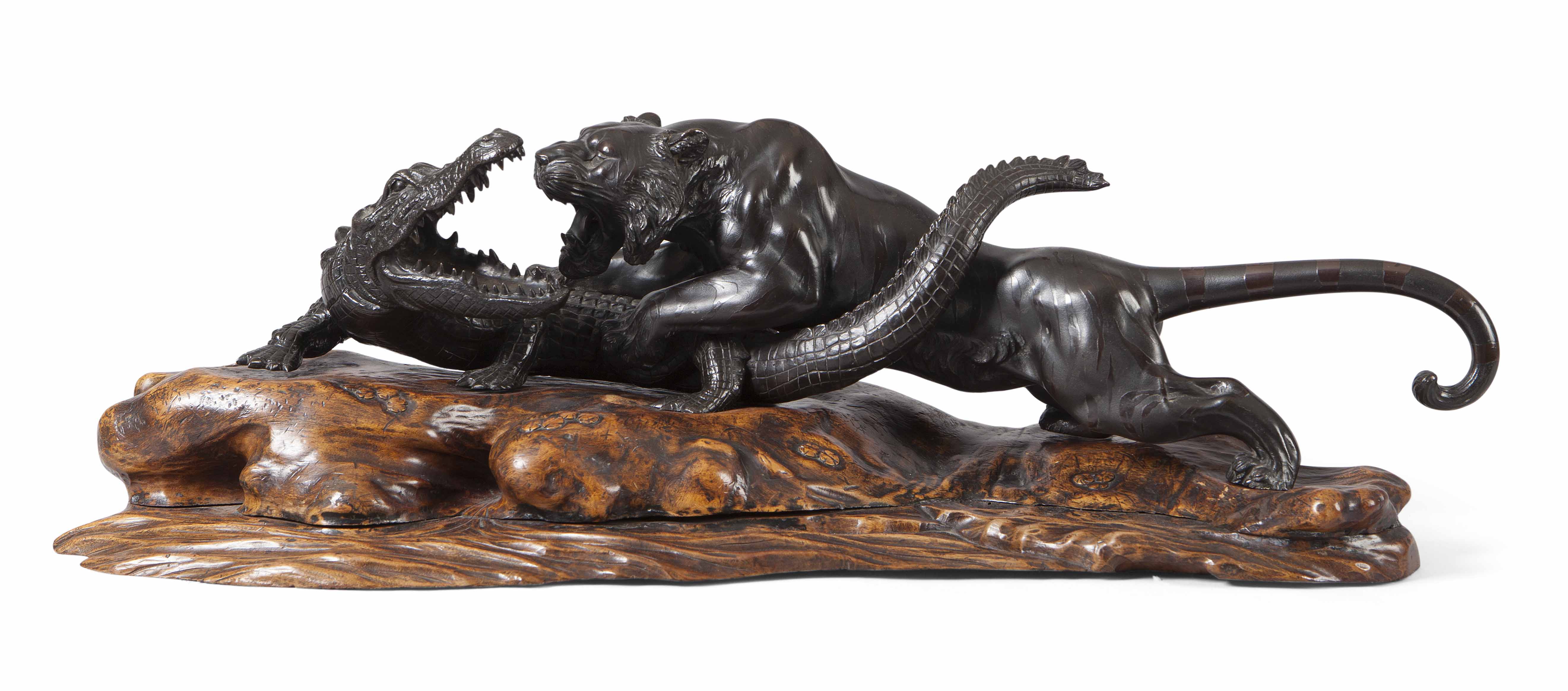 IMPRESSIVE JAPANESE BRONZE OKIMONO OF A TIGER ATTACKING A CROCODILE
