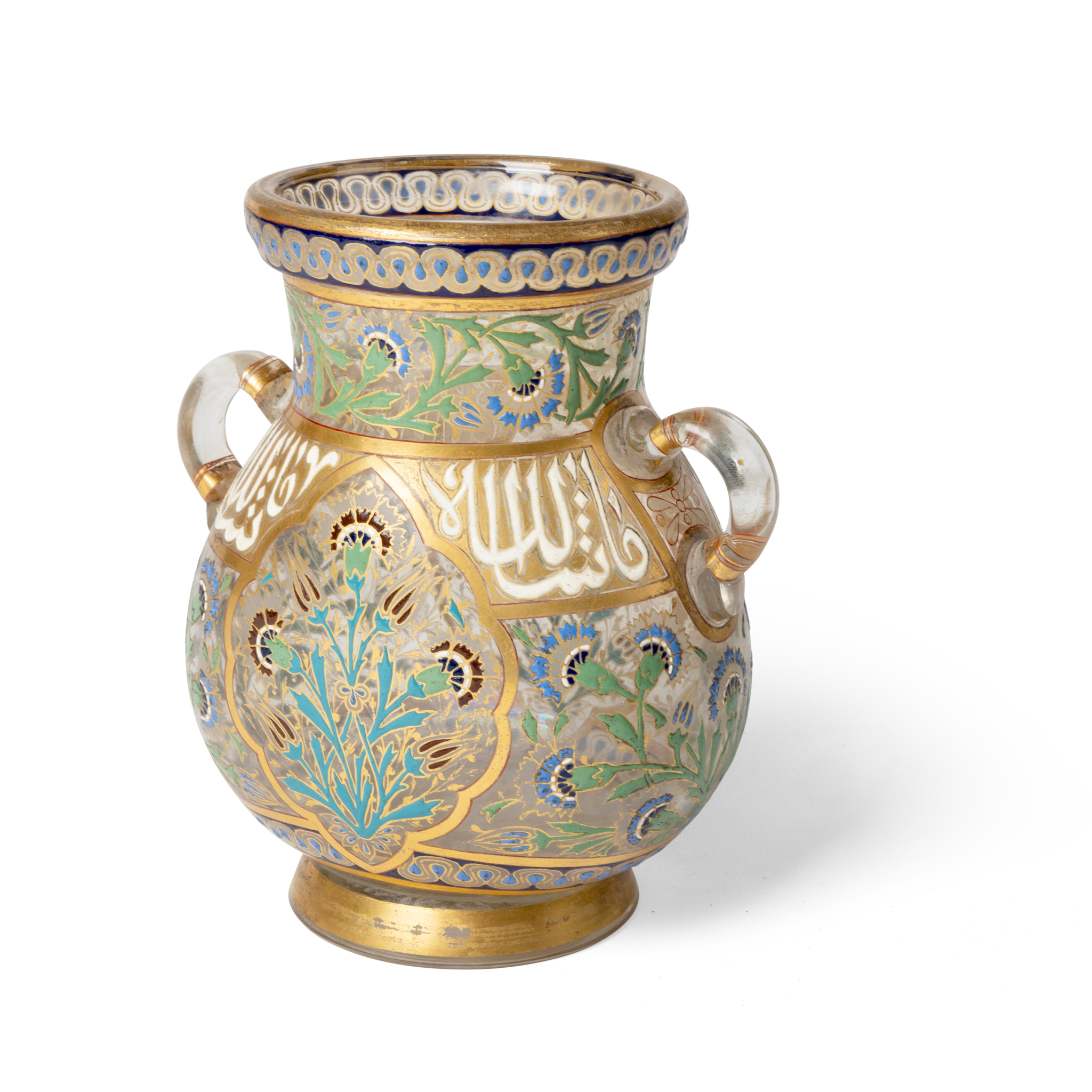 A 'LOBMEYER' IZNIK-STYLE ENAMELLED GLASS DOUBLE-HANDLED VASE