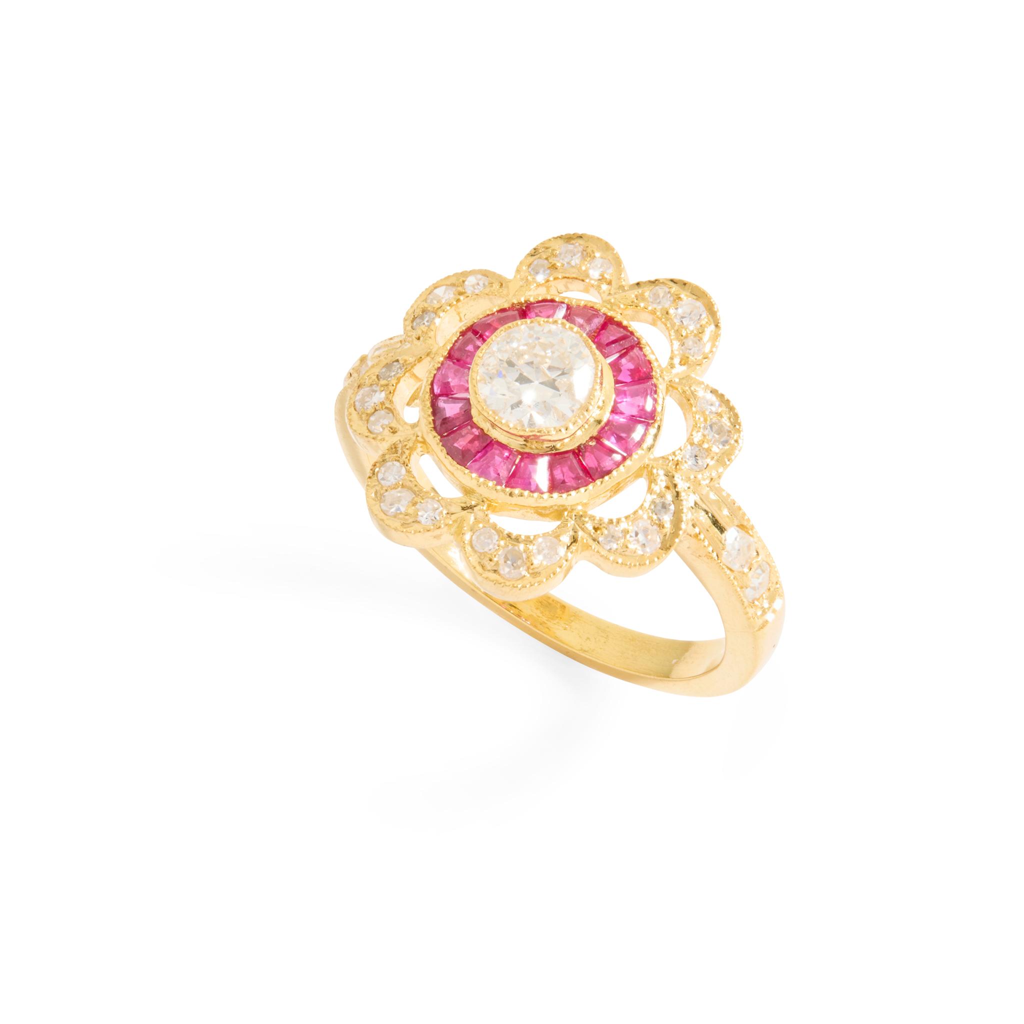 A ruby and diamond floral cluster ring