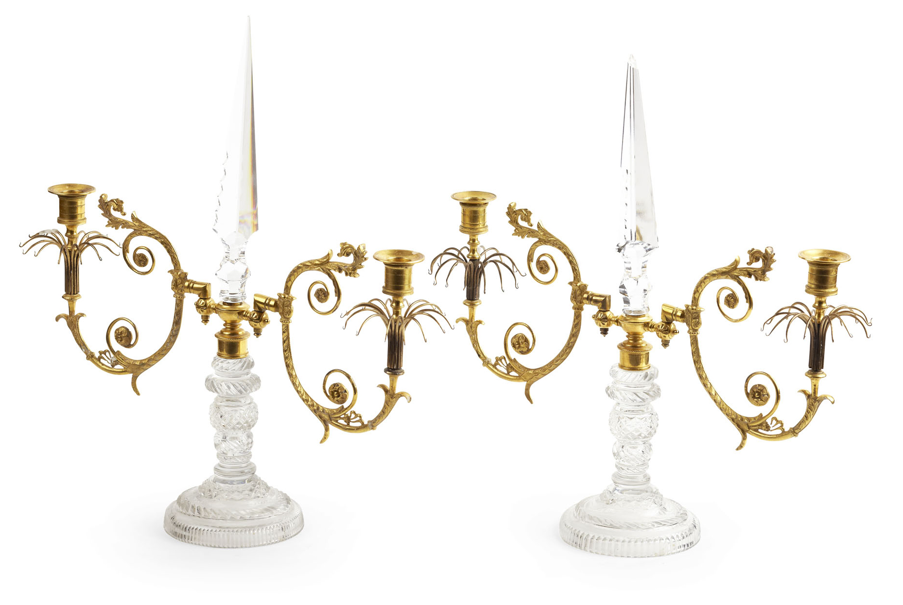 PAIR OF GILT BRONZE AND CUT CRYSTAL CANDELABRA