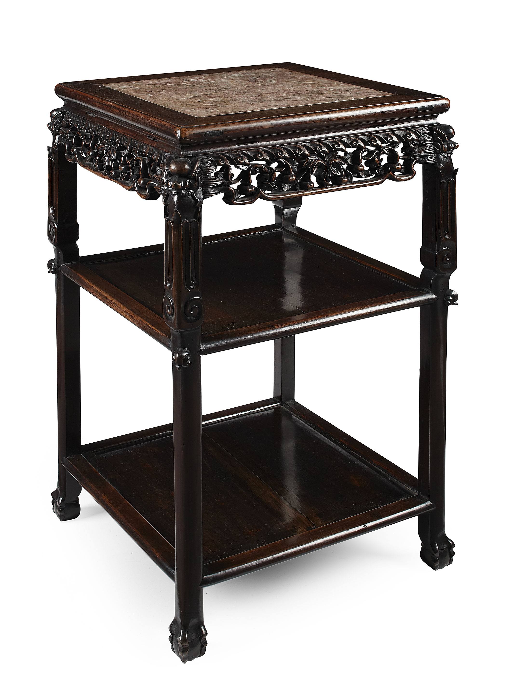 CHINESE CARVED HARDWOOD AND MARBLE INSERT TEA TABLE