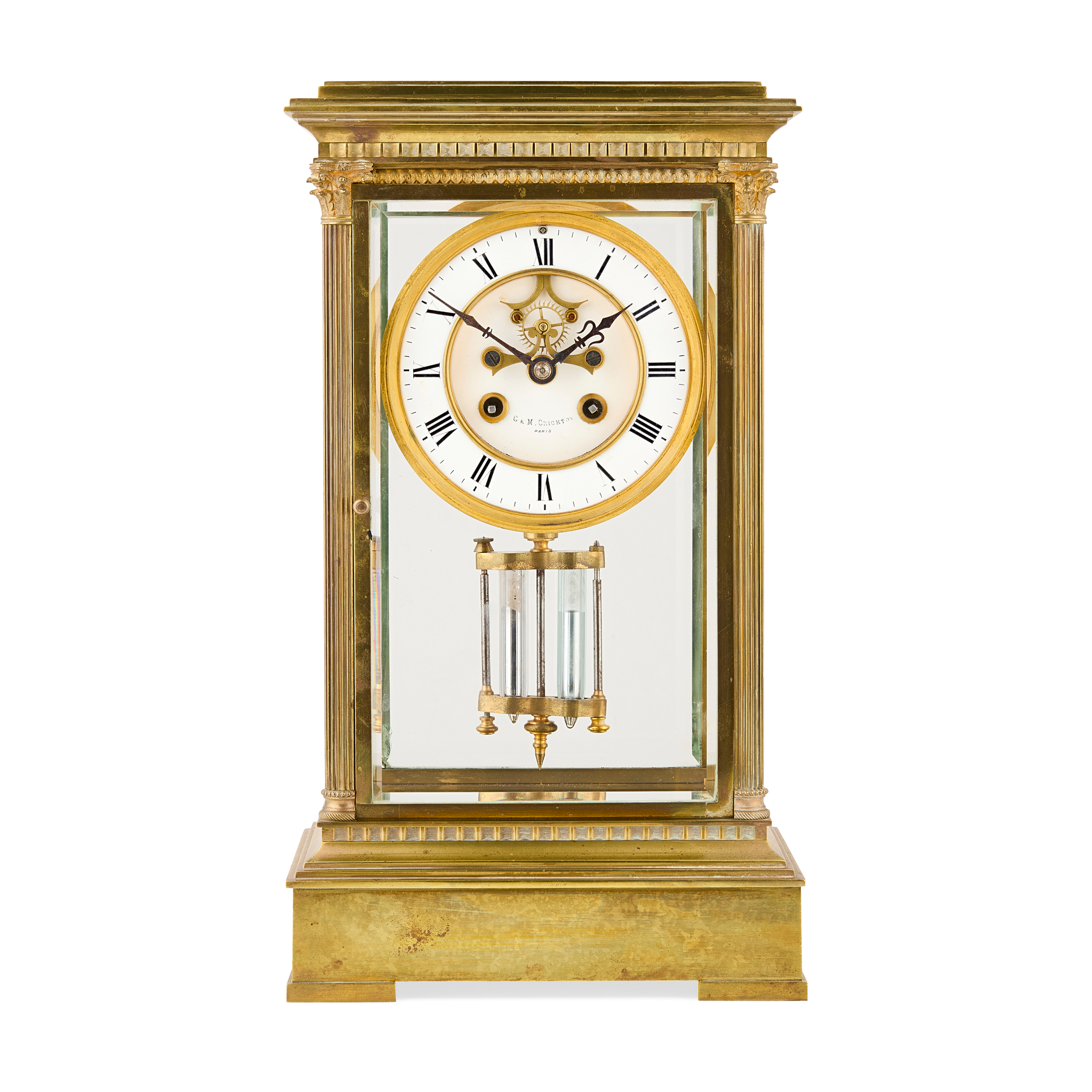 FRENCH GILT BRASS FOUR GLASS MANTEL CLOCK, G&M CRIGHTON, PARIS