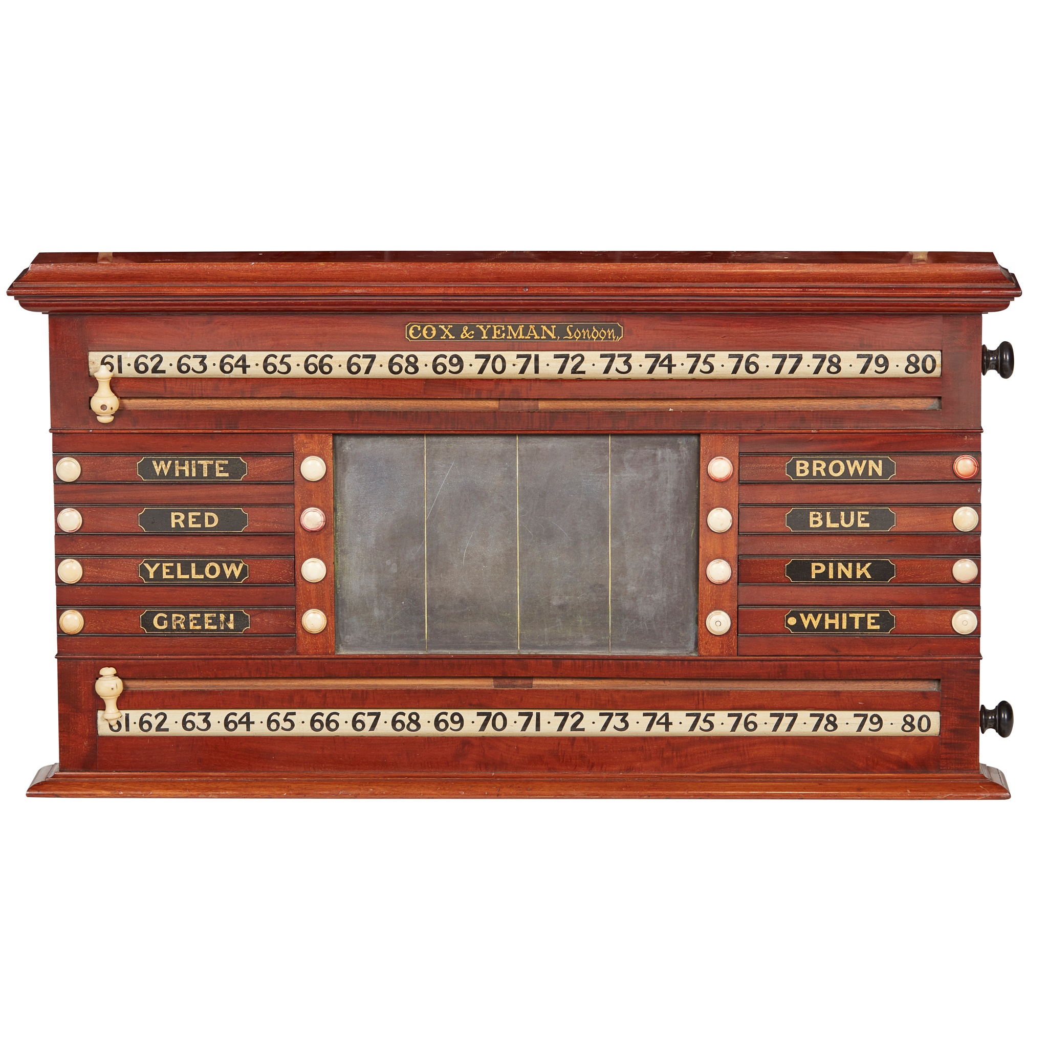 EDWARDIAN MAHOGANY SNOOKER/BILLIARDS SCORE MARKER, COX & YEMAN, LONDON