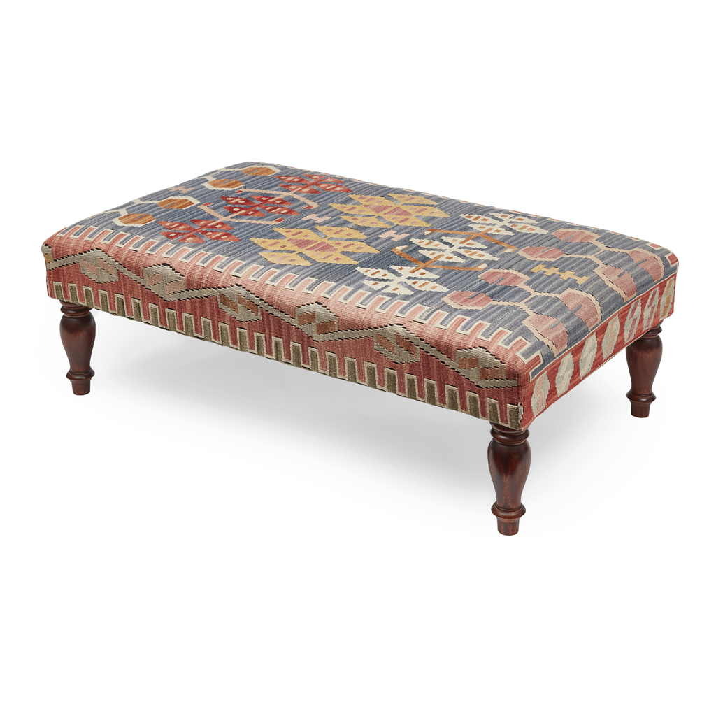 KELIM UPHOLSTERED MAHOGANY CENTRE STOOL