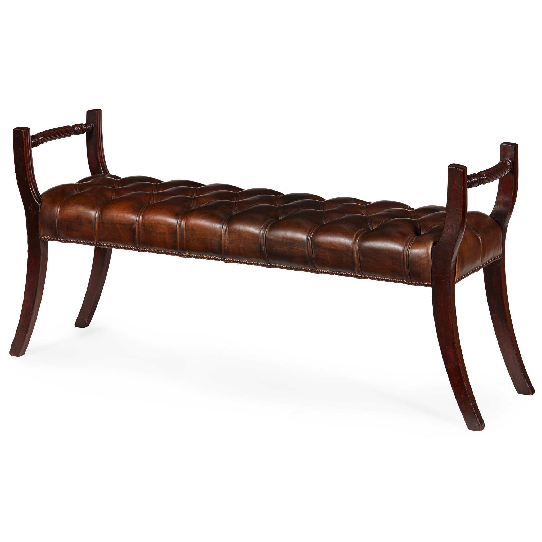 REGENCY STYLE MAHOGANY LEATHER UPHOLSTERED BENCH