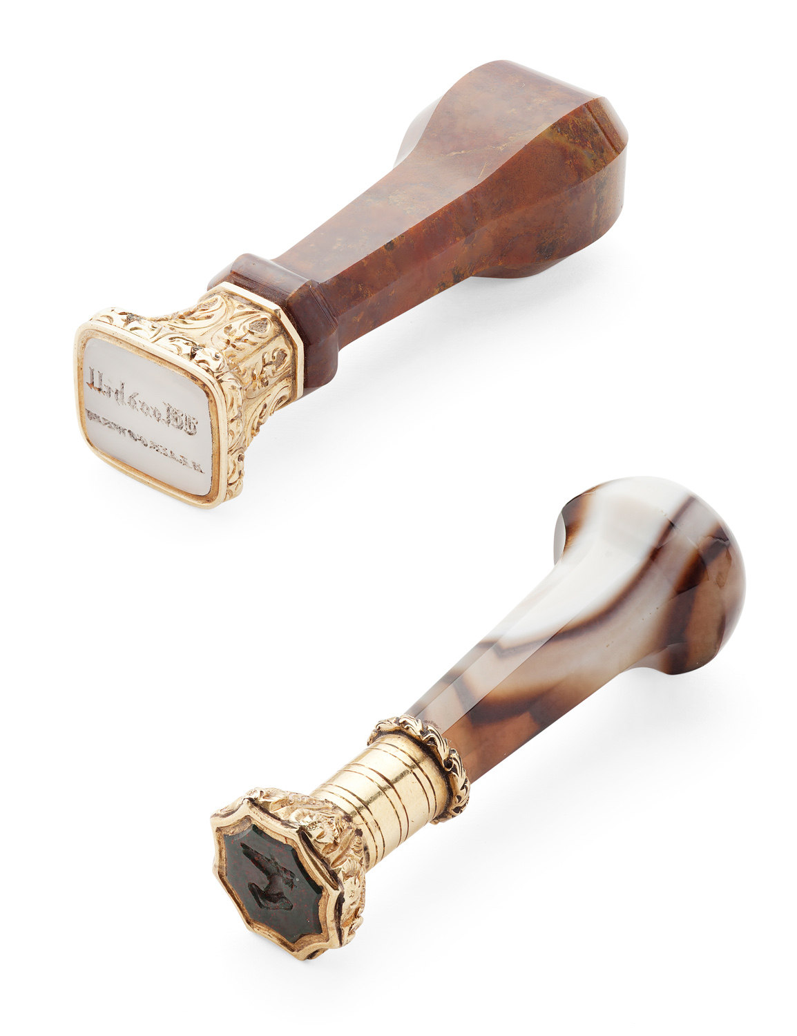 Two mounted hardstone intaglio set desk seals