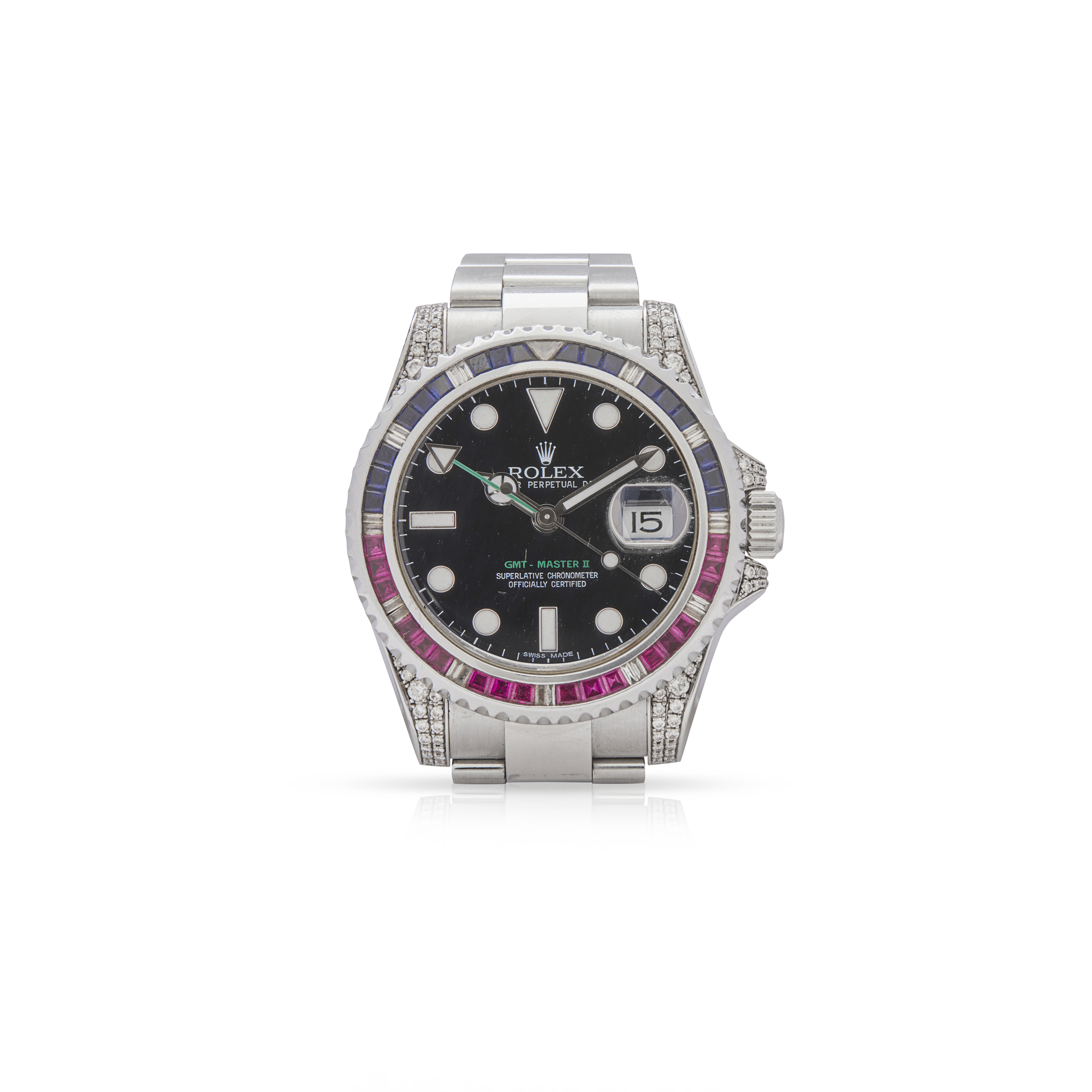 Rolex. A stainless steel automatic dual-time zone wristwatch with custom-made bezel
