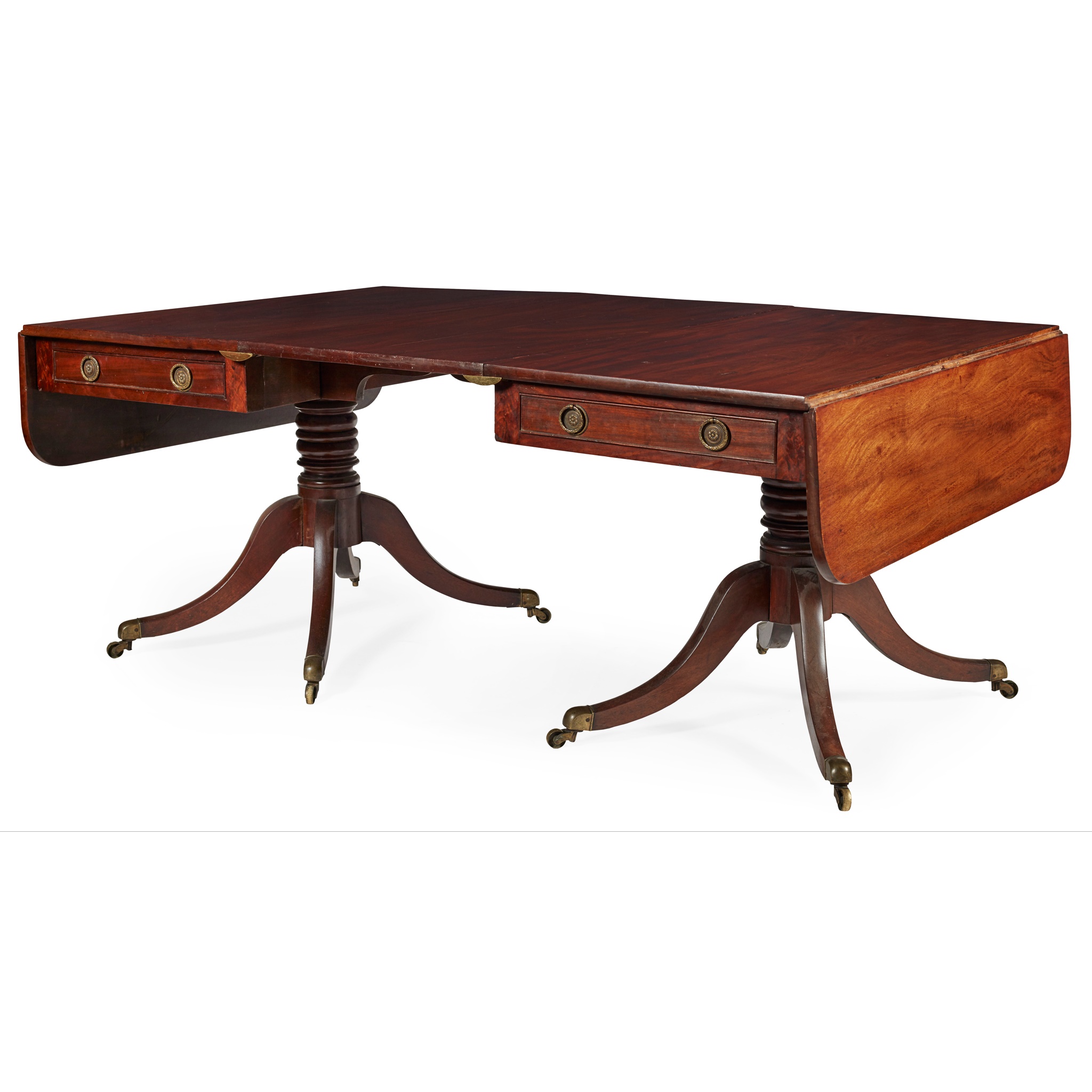 REGENCY MAHOGANY TWIN PEDESTAL DROP-LEAF DINING TABLE