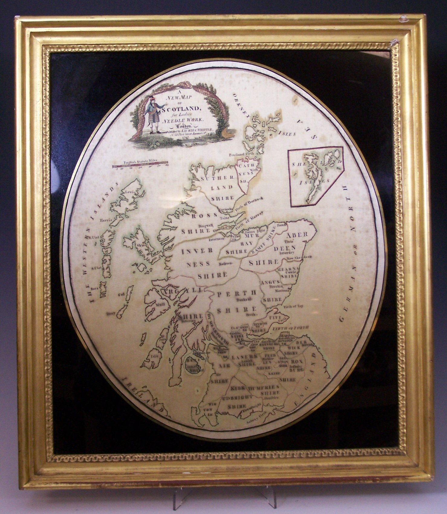 A late 18th century silk work map of Scotland,