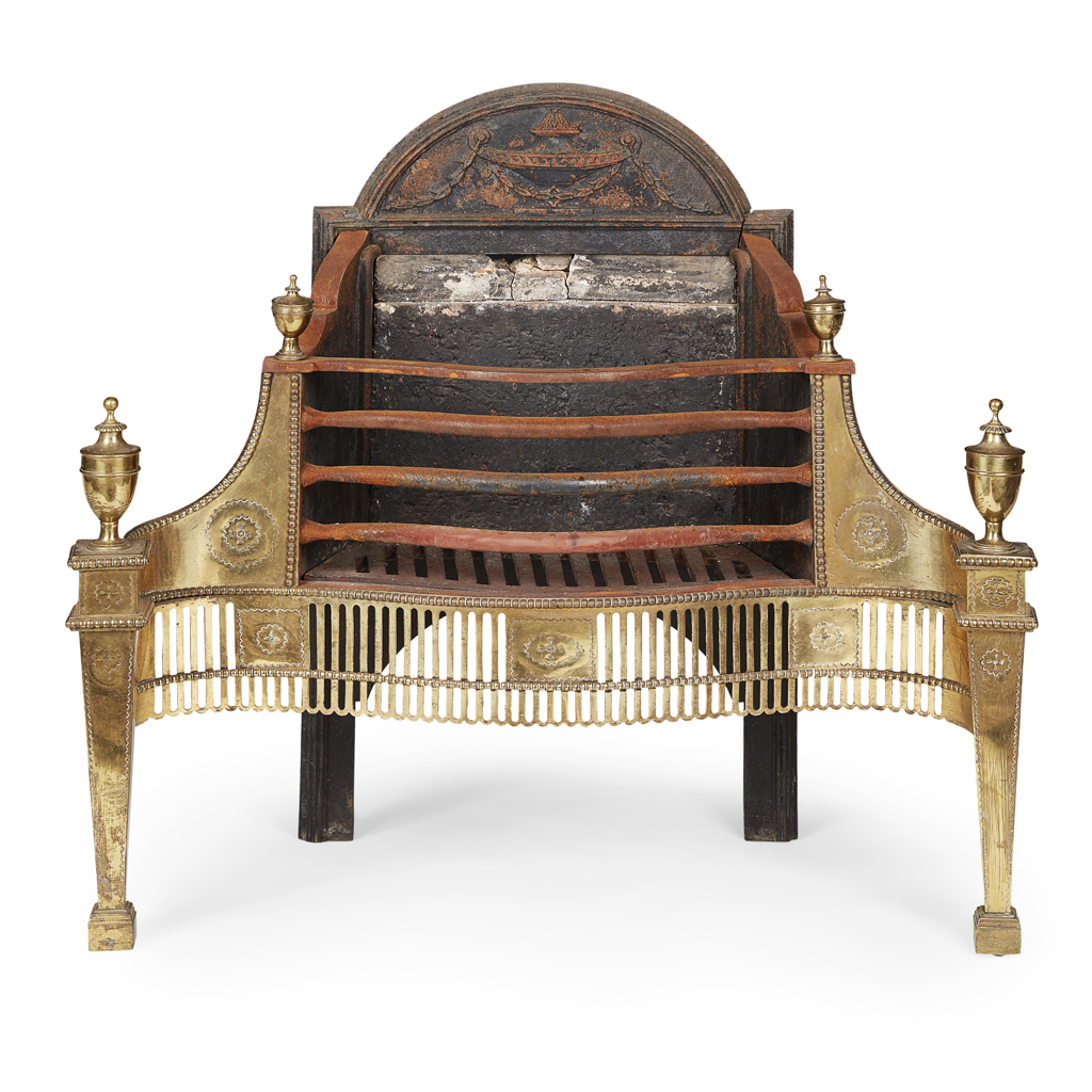 GEORGIAN STYLE IRON AND BRASS FIRE GRATE BY THOMAS ELSLEY