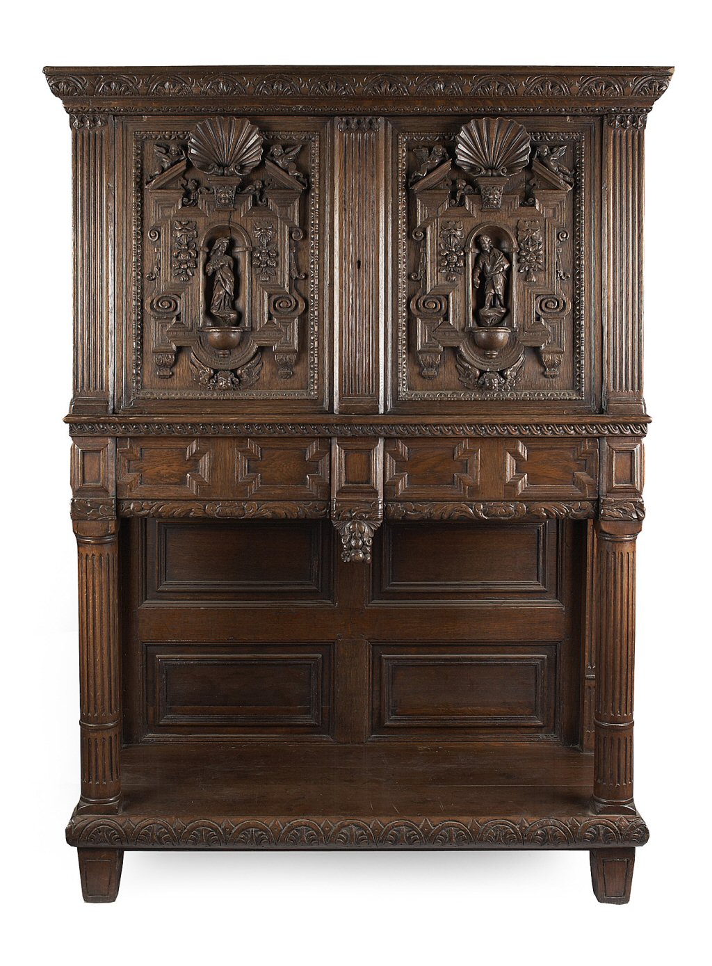 FLEMISH CARVED OAK CABINET ON STAND