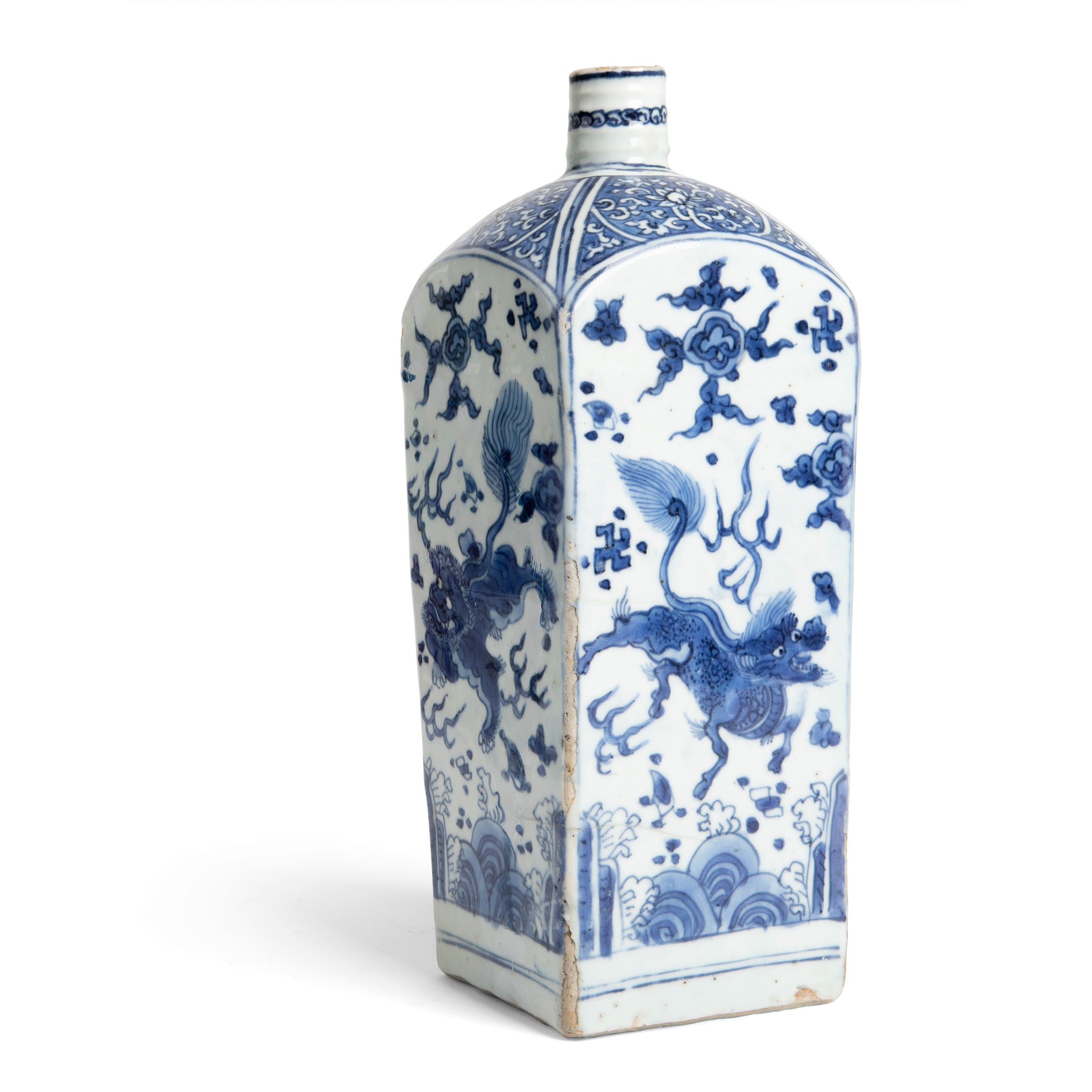 BLUE AND WHITE SQUARE BOTTLE VASE