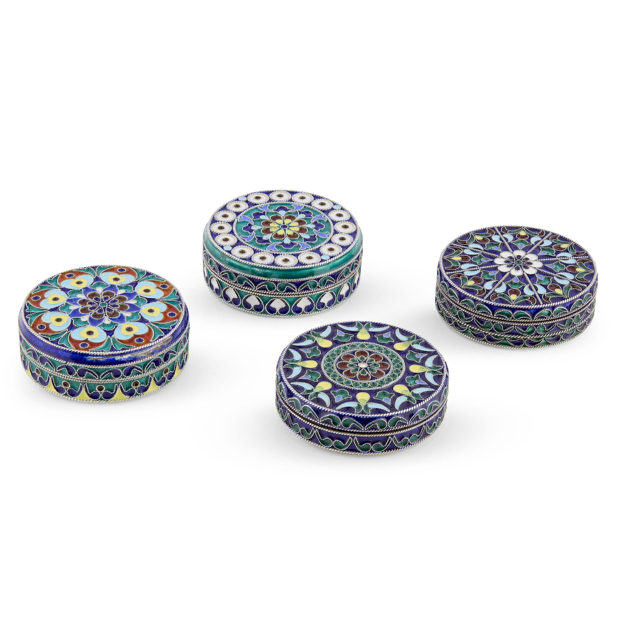 A MATCHED SET OF FOUR 20TH CENTURY RUSSIAN CLOISONNÉ TRINKET BOXES
