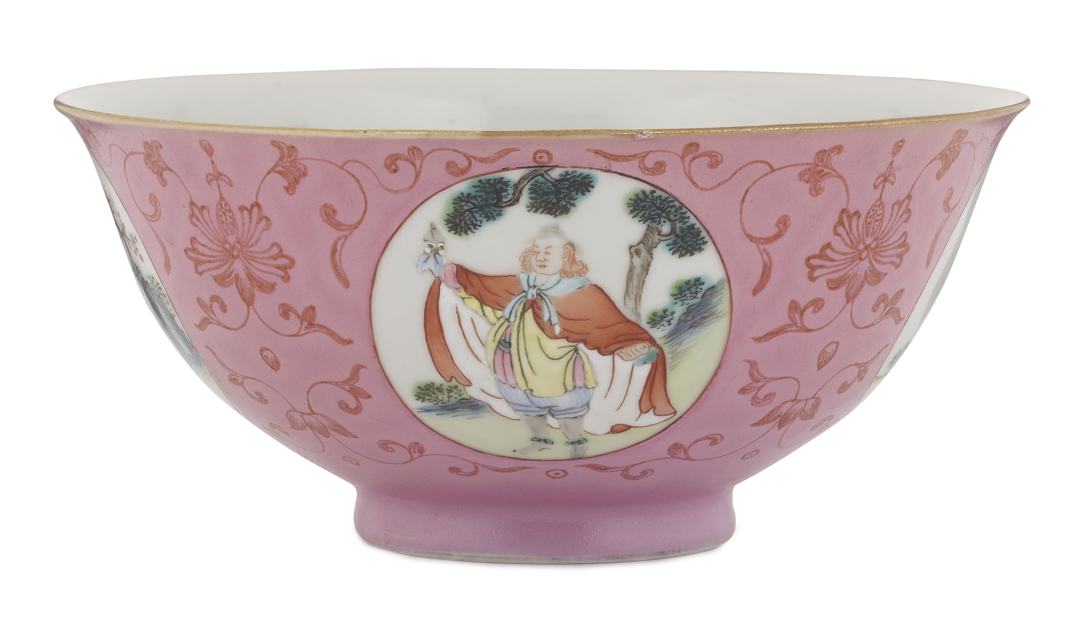 CHINESE FAMILLE ROSE AND PINK GROUND MEDALLION BOWL