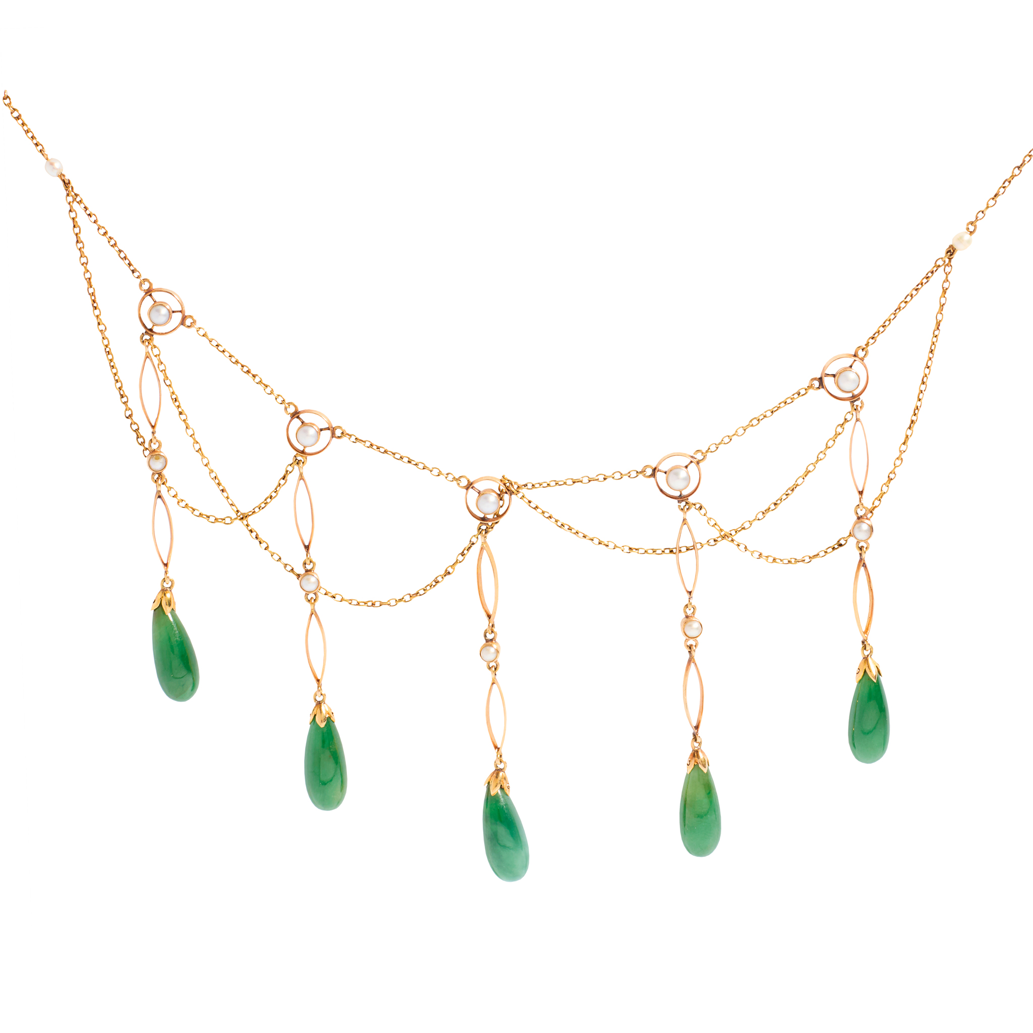 An early 20th century seed pearl and jade fringed necklace