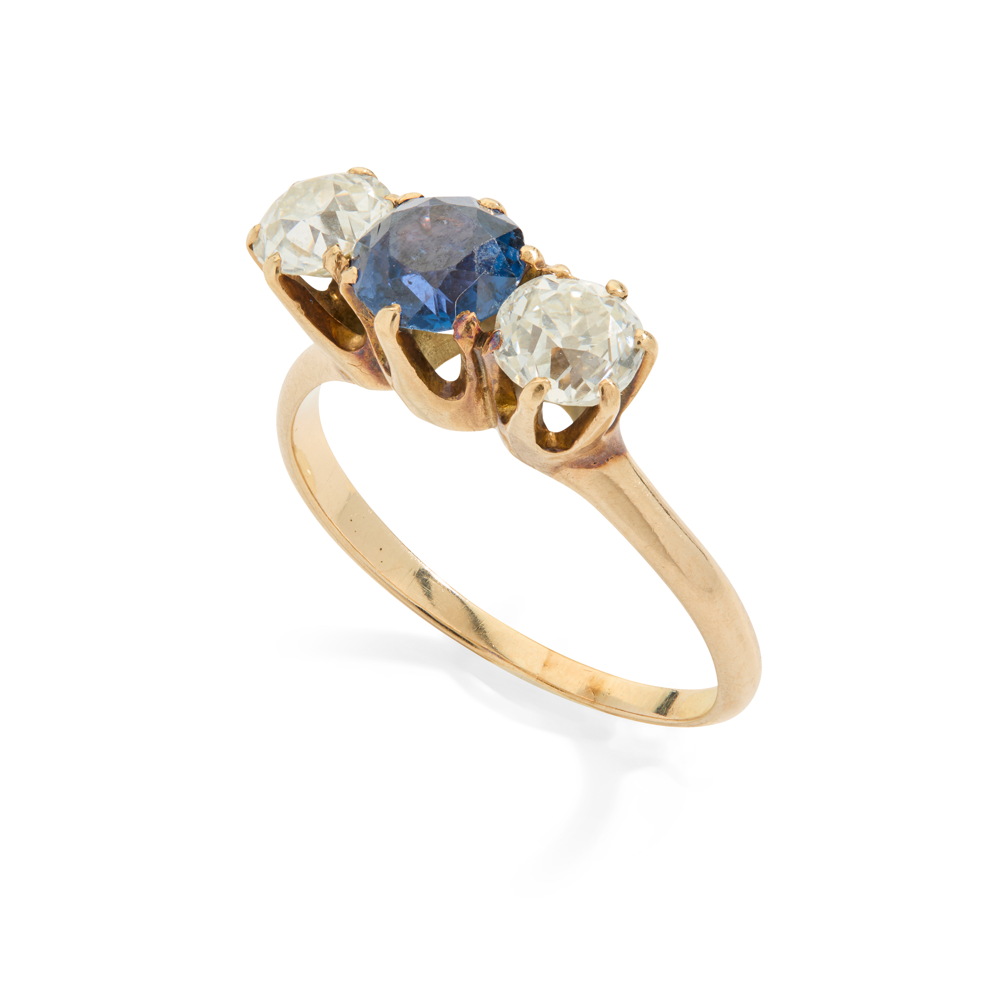 A sapphire and diamond three-stone ring