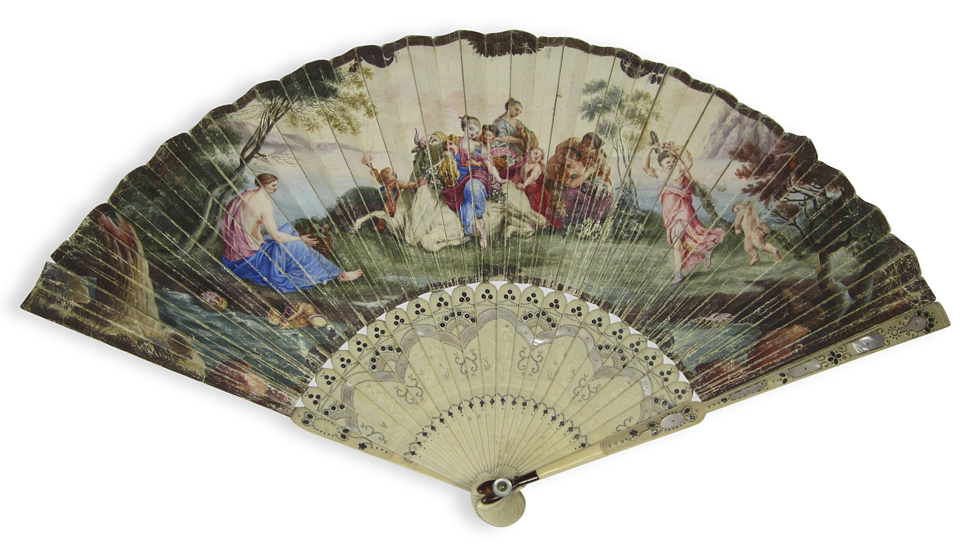ITALIAN HAND PAINTED VELLUM AND IVORY MOUNTED FAN