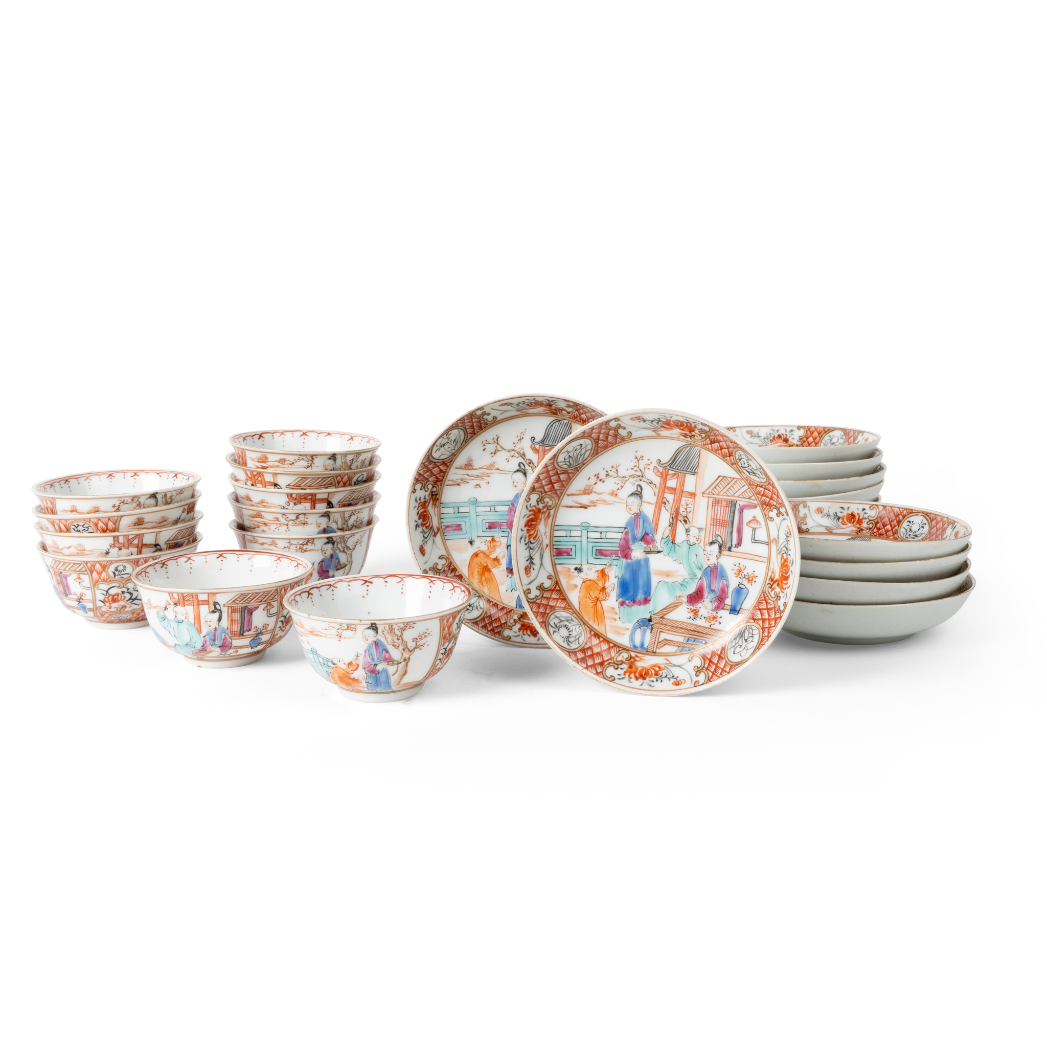 GROUP OF TWENTY-THREE FAMILLE ROSE CUPS AND SAUCERS