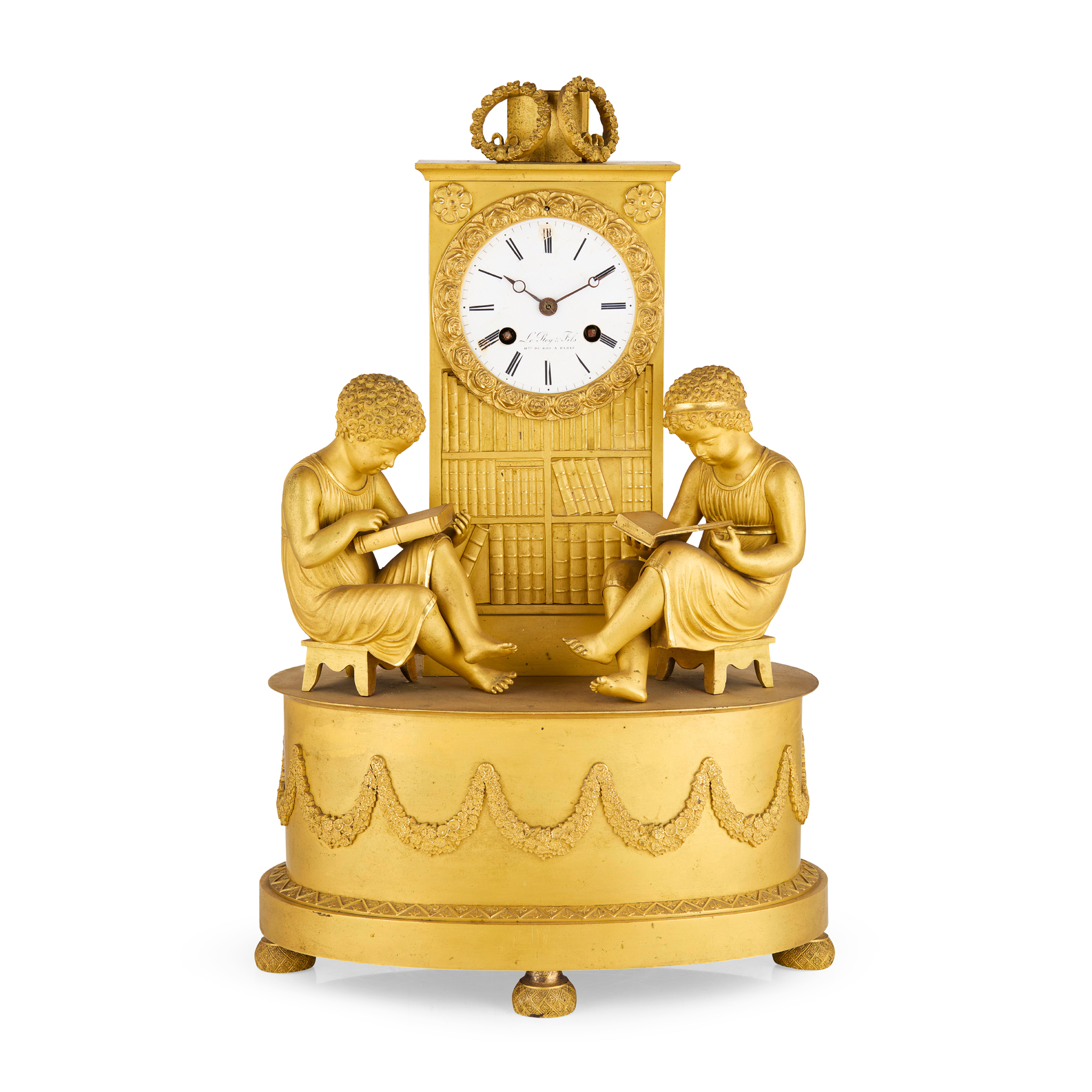 FRENCH RESTORATION GILT METAL MANTEL CLOCK, LE ROY ET FILS, PARIS