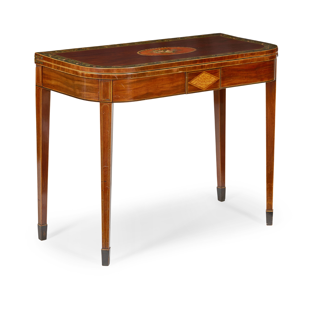 GEORGE III PAINTED MAHOGANY AND SATINWOOD CARD TABLE