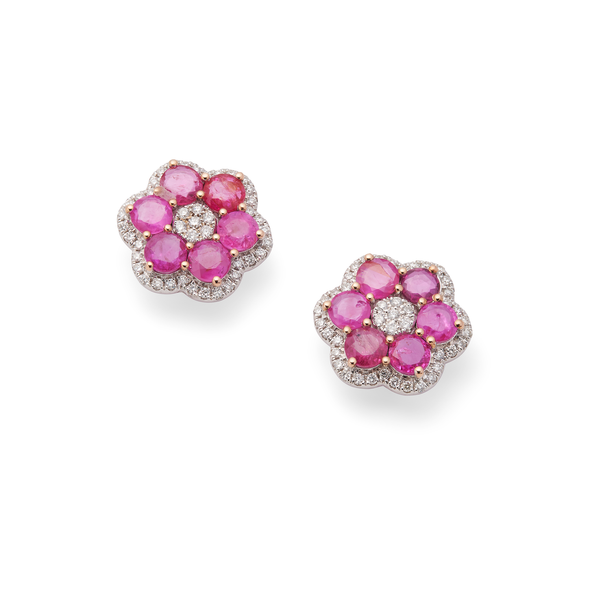 A pair of ruby and diamond cluster earrings