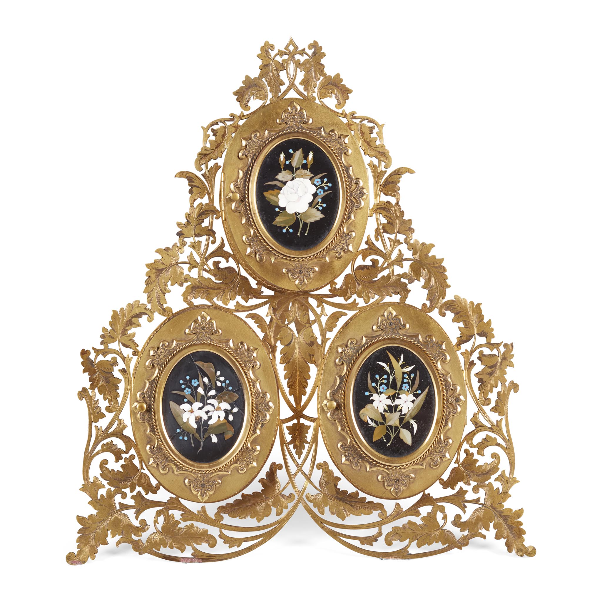 VICTORIAN PIERCED BRASS AND PIETRA DURA STRUT MULTIPLE PICTURE FRAME
