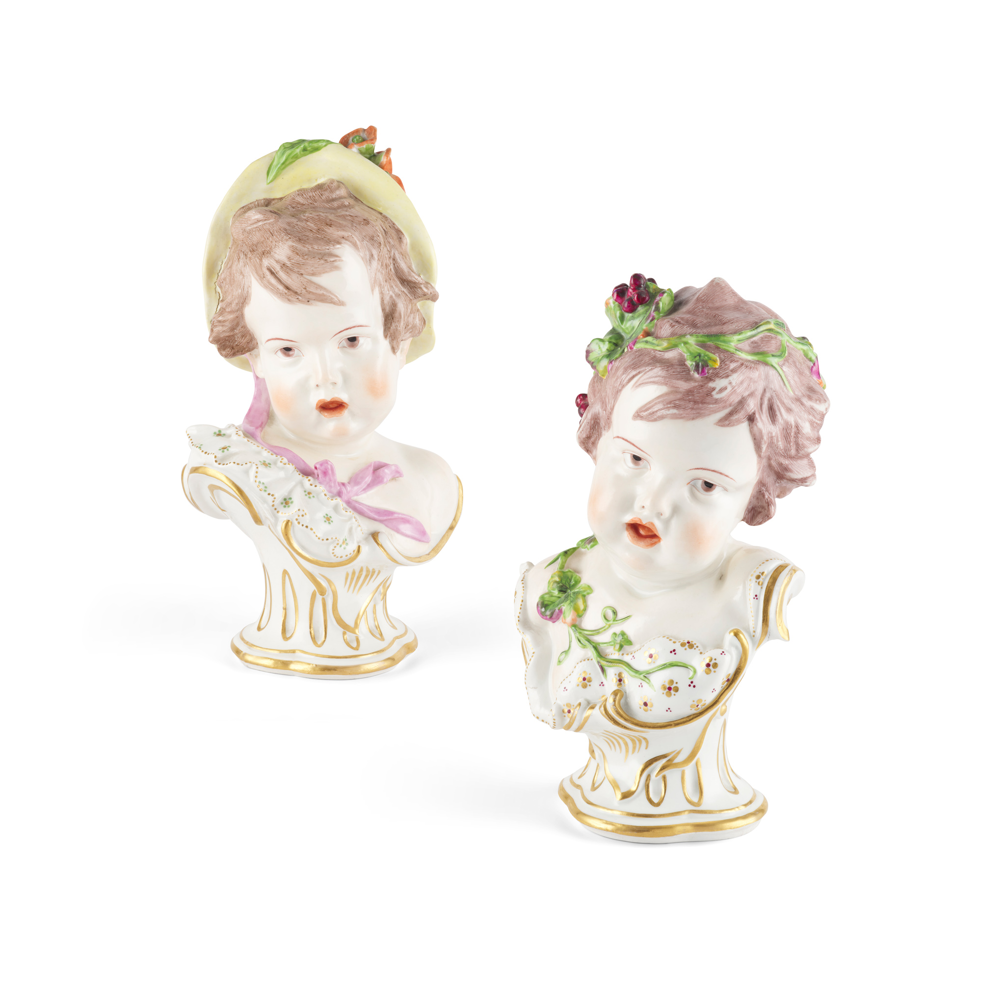 PAIR OF MEISSEN STYLE PORCELAIN BUSTS ALLEGORICAL OF SUMMER AND AUTUMN