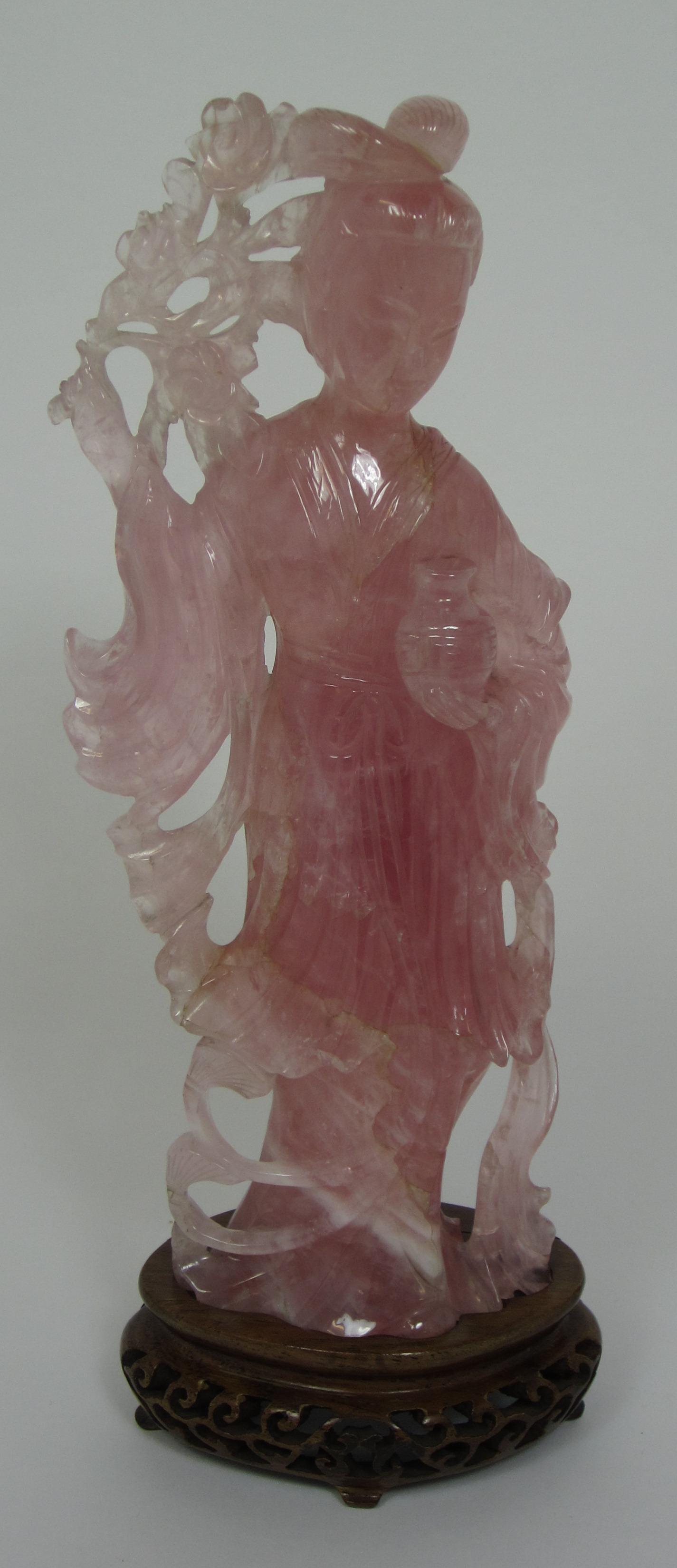 LARGE CHINESE ROSE QUARTZ CARVED FIGURE OF GUANYIN