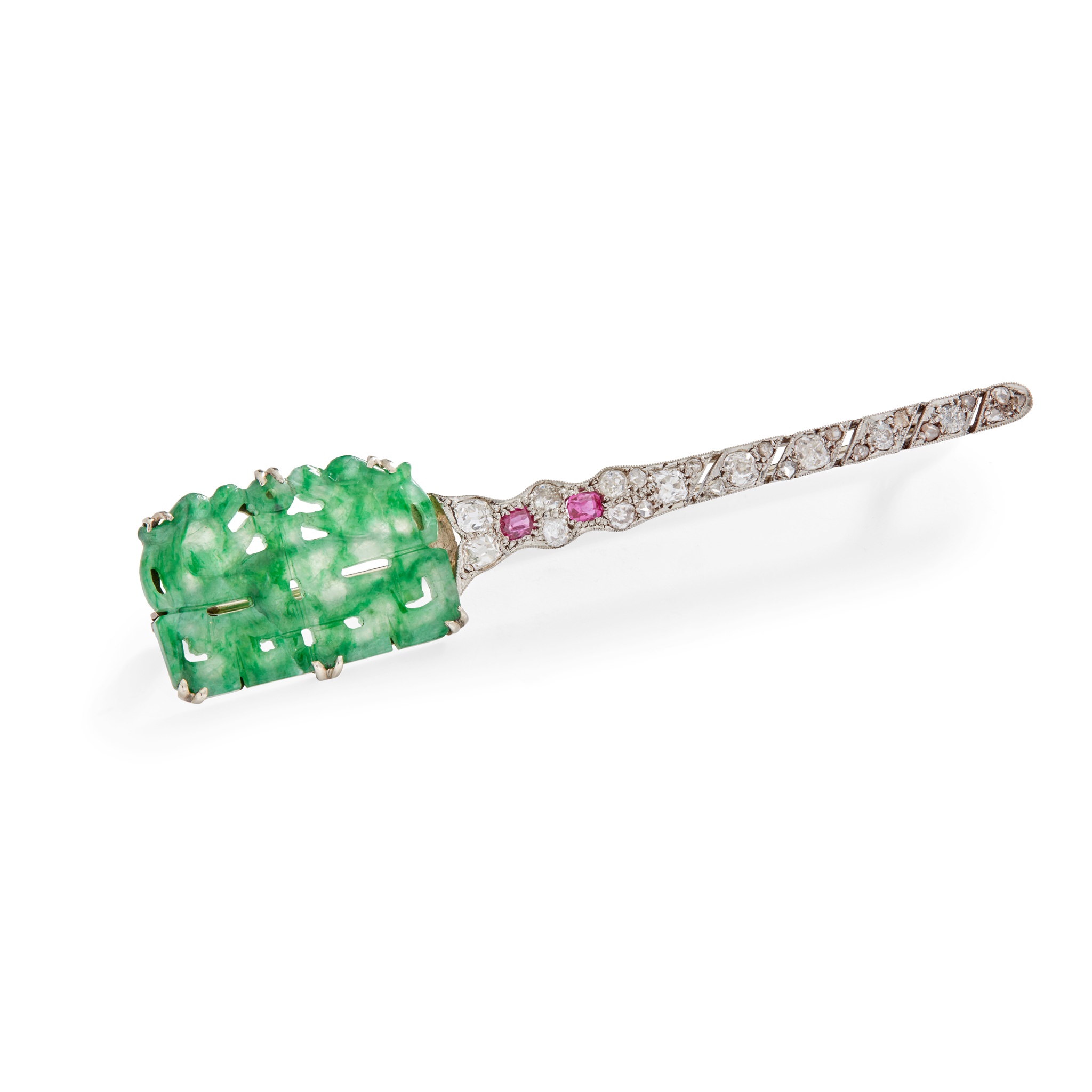 An early 20th-Century jadeite, ruby and diamond brooch